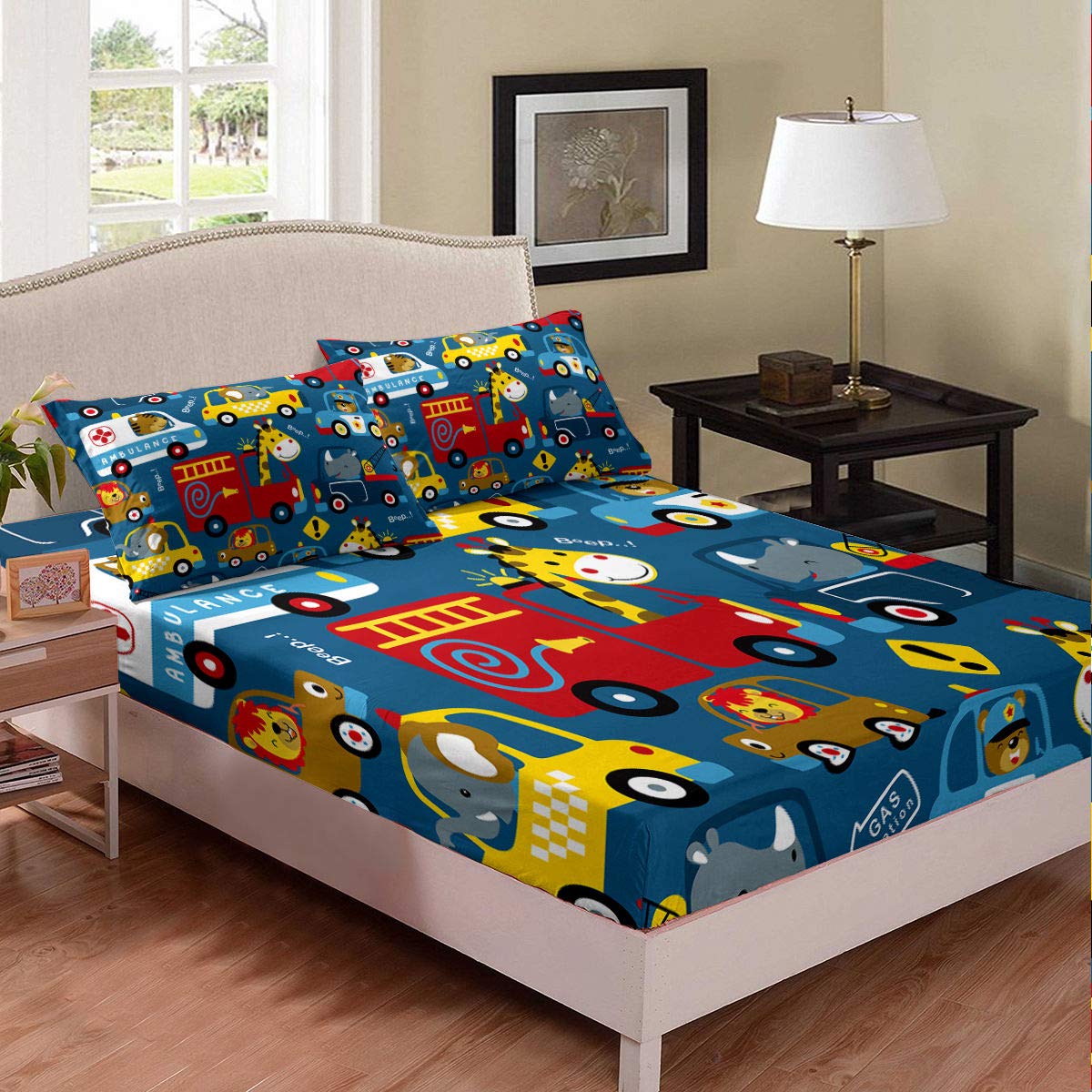 Erosebridal Kids Giraffe Lion Tiger Bear Animal Print Fitted Sheet Set - Soft Cartoon Style Blue Bedding for Boys & Girls - Queen Size 1 Fitted Sheet + 2 Pillowcases - Perfect for Kids' Room, Nursery, Daycare or Travel