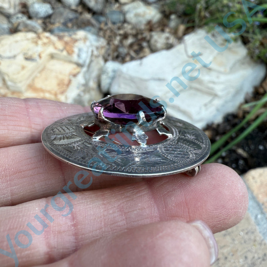 Vintage British Scottish Sterling Silver Thistle Brooch with Purple Stone - Elegant Celtic Jewelry for Women, Perfect for Weddings, Parties & Special Occasions