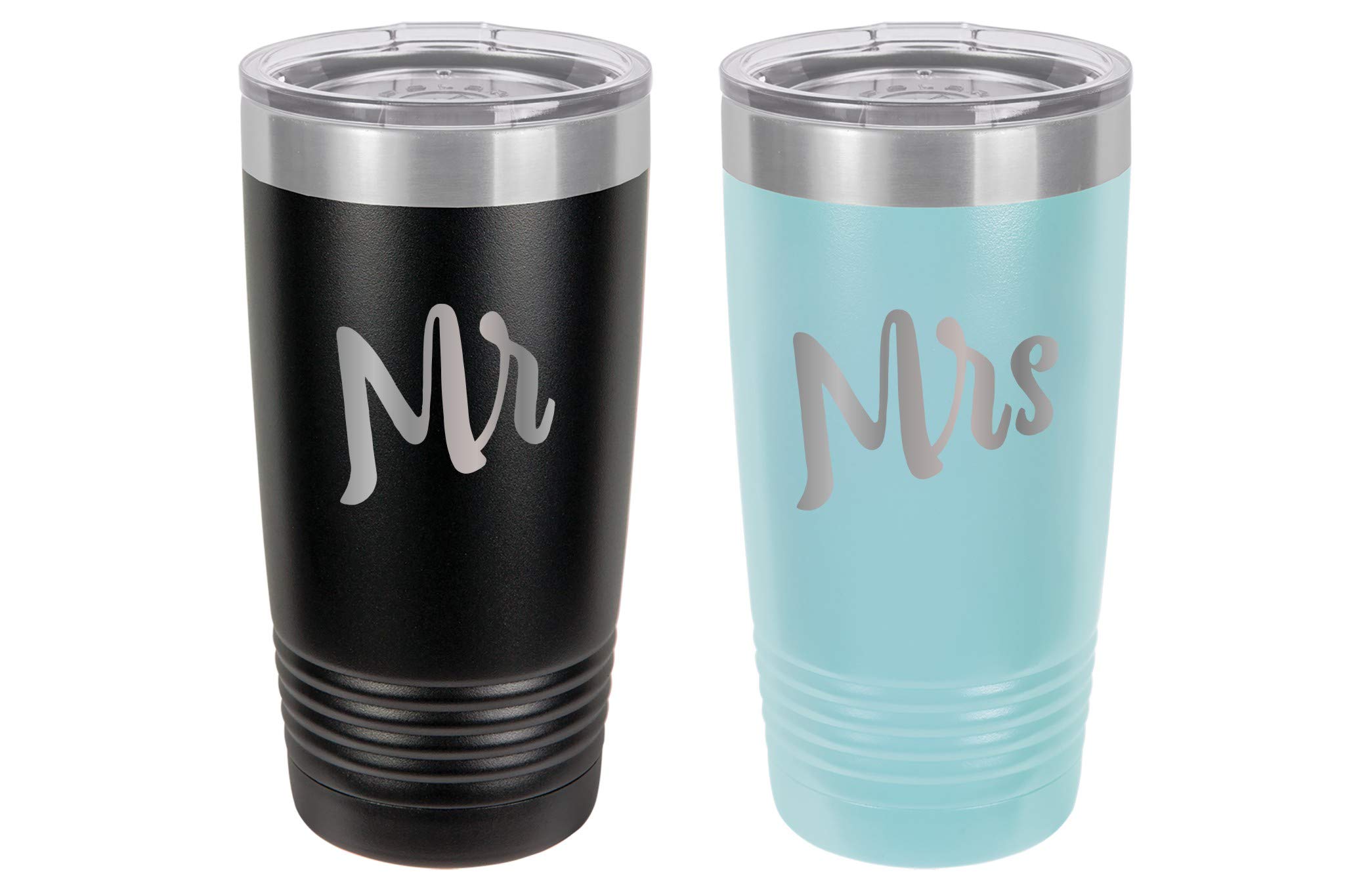 Personalized Mr & Mrs 20oz Insulated Stainless Steel Tumbler Set - Powder Coated Couple Coffee Mugs for Anniversary, Wedding Gift & Romantic Date Nights