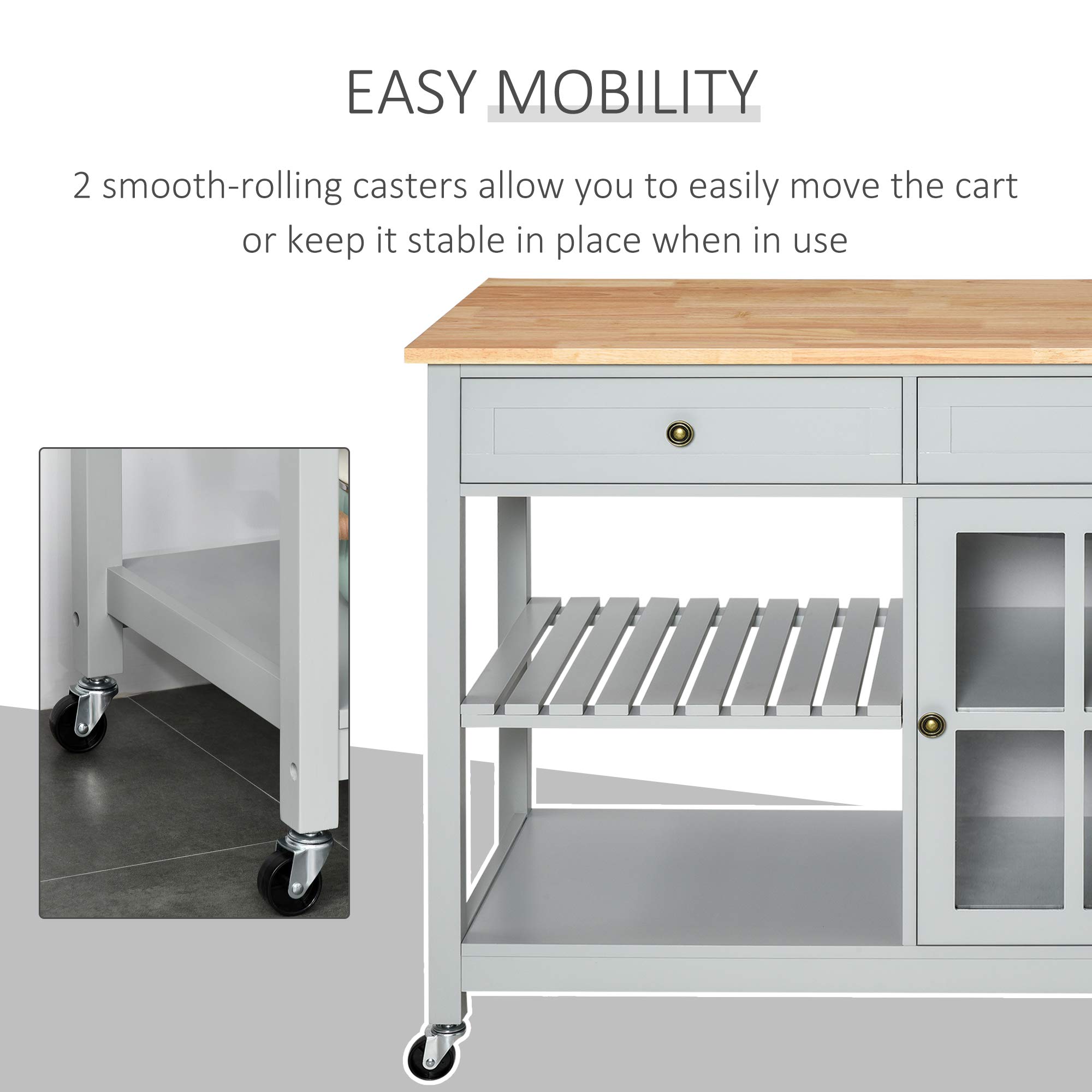 HOMCOM Rolling Kitchen Island with Storage - Solid Wood Top, Glass Door Cabinet, Adjustable Shelf & 2 Drawers - Mobile Kitchen Cart with Towel Rack for Dining Room & Small Spaces - Perfect for Meal Prep, Extra Counter Space & Organized Storage (Gray)