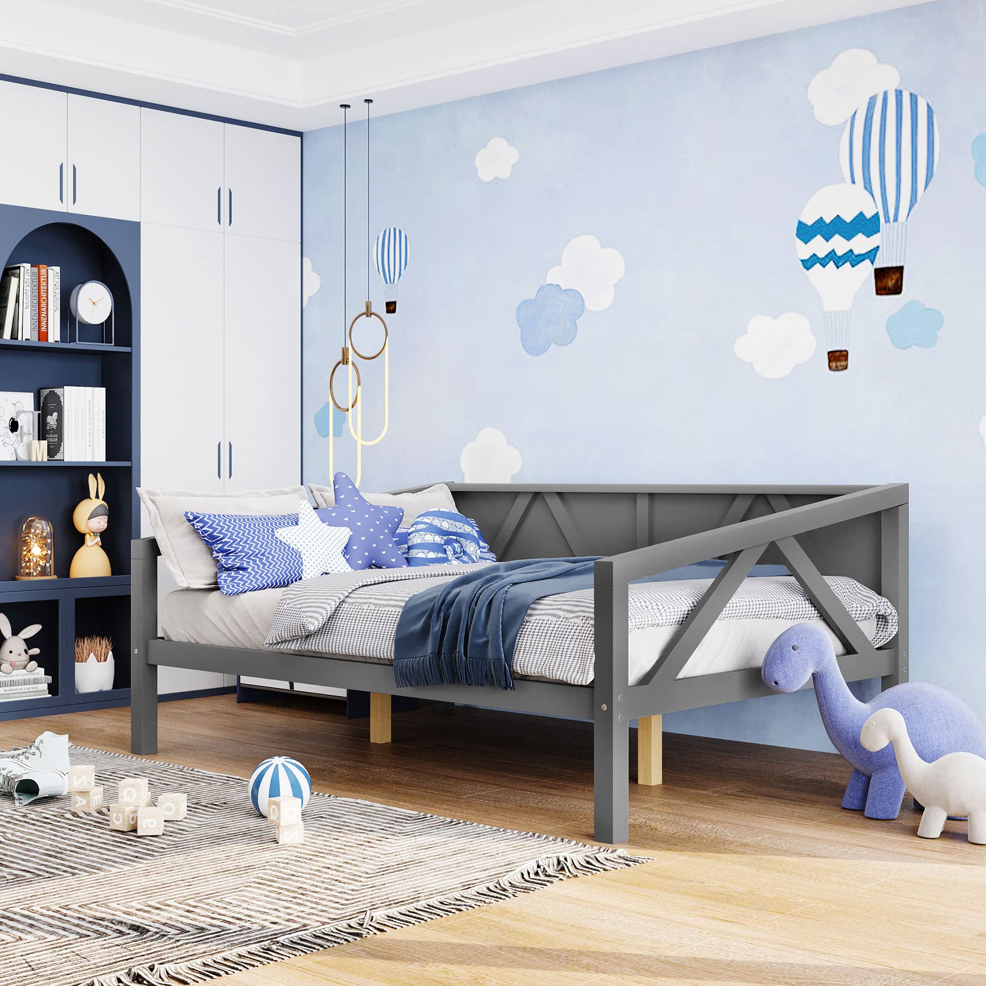 Bellemave Full Size Wooden Daybed Frame with Solid Wood Slats - Sturdy Dual-Use Sofa Bed for Bedroom & Living Room - No Box Spring Required (Gray) - Perfect for Guest Rooms, Small Spaces & Home Offices