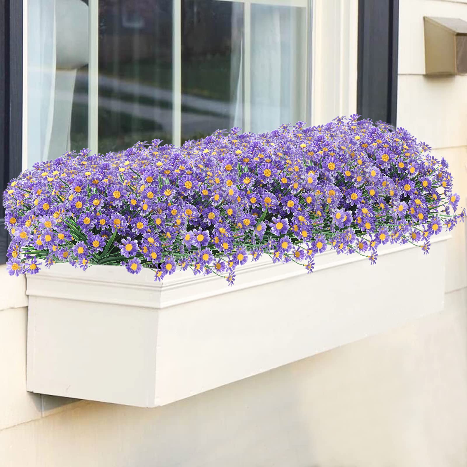 GREENRAIN 24 Bundles Artificial Daisy Flowers - UV Resistant Faux Plastic Flowers for Outdoor Garden, Porch, Window Box Decor - No Fade Purple Fake Flowers for Home, Wedding, Party Decoration