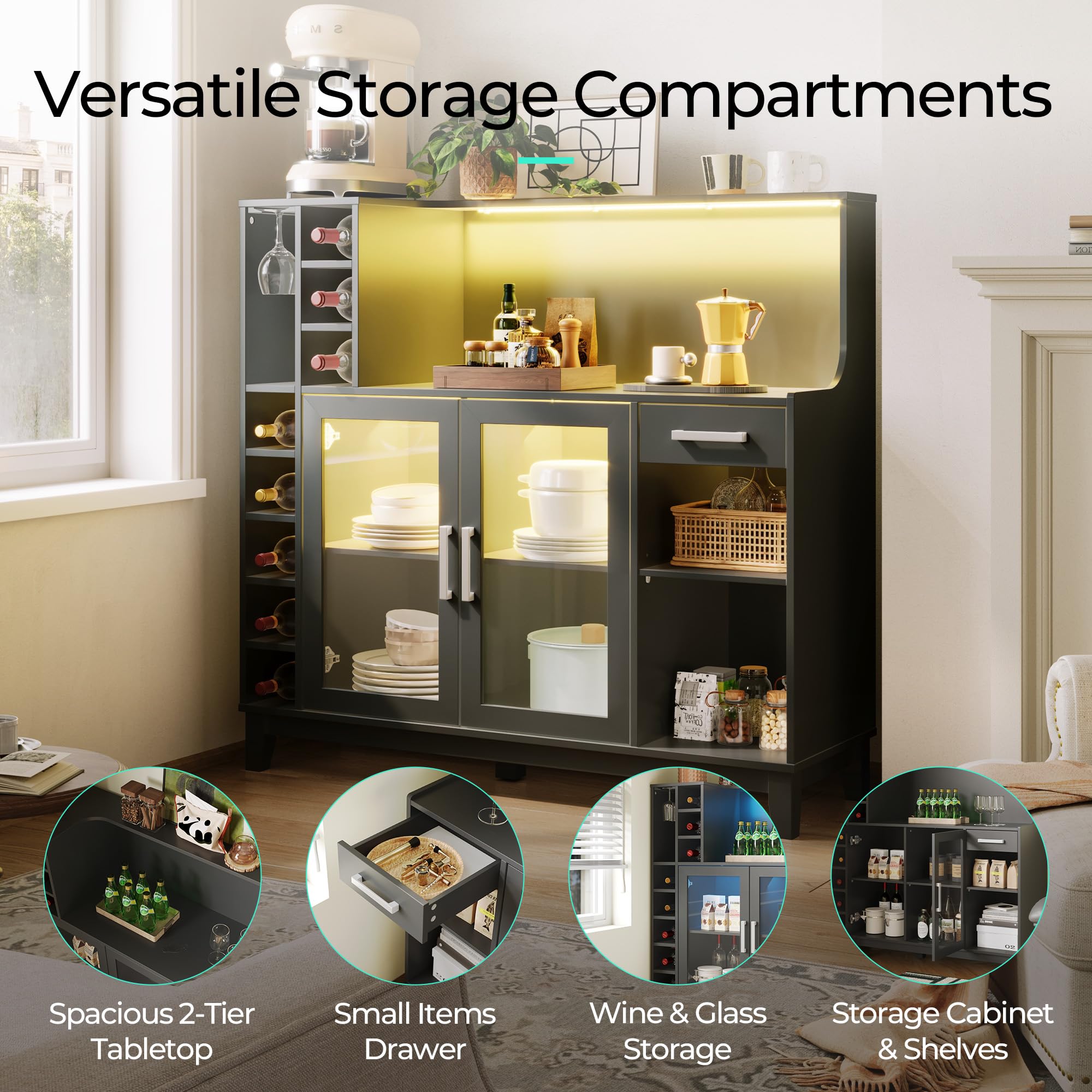 Modern Wine Bar Cabinet with LED Lights - LINSY HOME Liquor Storage with Wine & Glass Rack, Coffee Bar Cabinet with Drawers - Buffet Sideboard for Living Room & Dining Room (Black) | Perfect for Home Entertaining, Wine Storage & Stylish Kitchen Organization