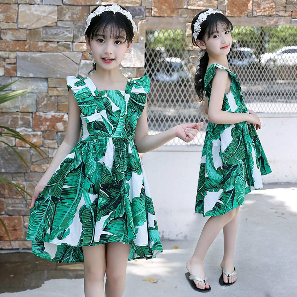 Hawaiian Tropical Sundress for Girls 4-12 Years - Sleeveless Leaf Print Ruched Summer Dress - Casual Beachwear for Kids & Teens - Perfect for Vacations, Parties & Outdoor Adventures