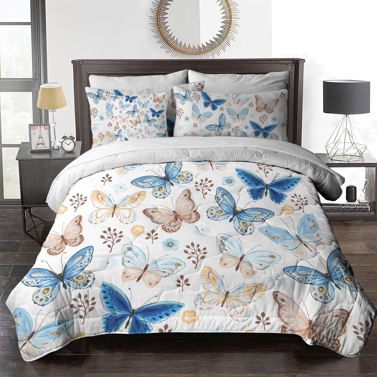 BlessLiving 8-Piece Watercolor Butterfly Comforter Set - Full Size Vintage Bedding with Comforter, Sheets, Pillowcases & Shams | Lightweight Summer Bedding for Guest Rooms, Dorms & Cozy Bedroom Decor