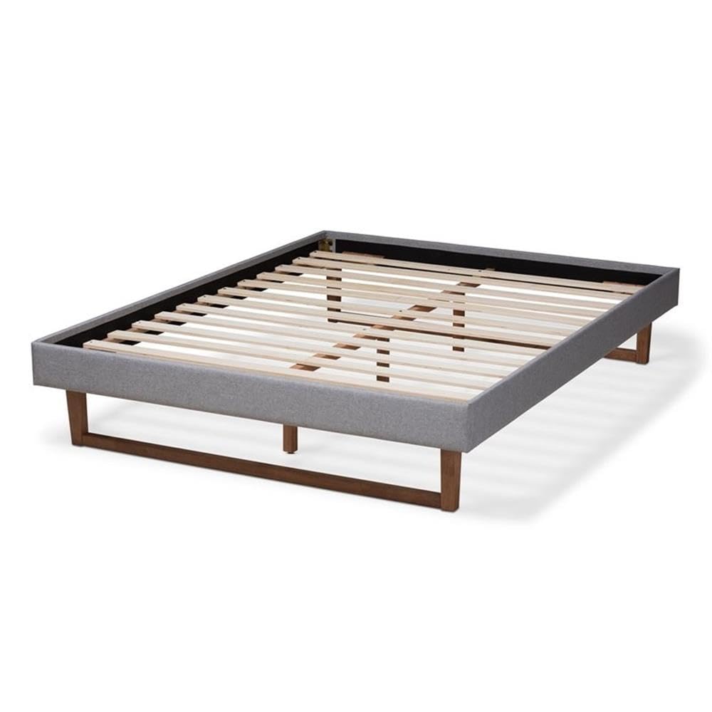 Baxton Studio Liliya Mid-Century Modern King Size Bed Frame - Light Grey Fabric Upholstery with Walnut Brown Wood Finish | Perfect for Contemporary Bedrooms & Master Suites