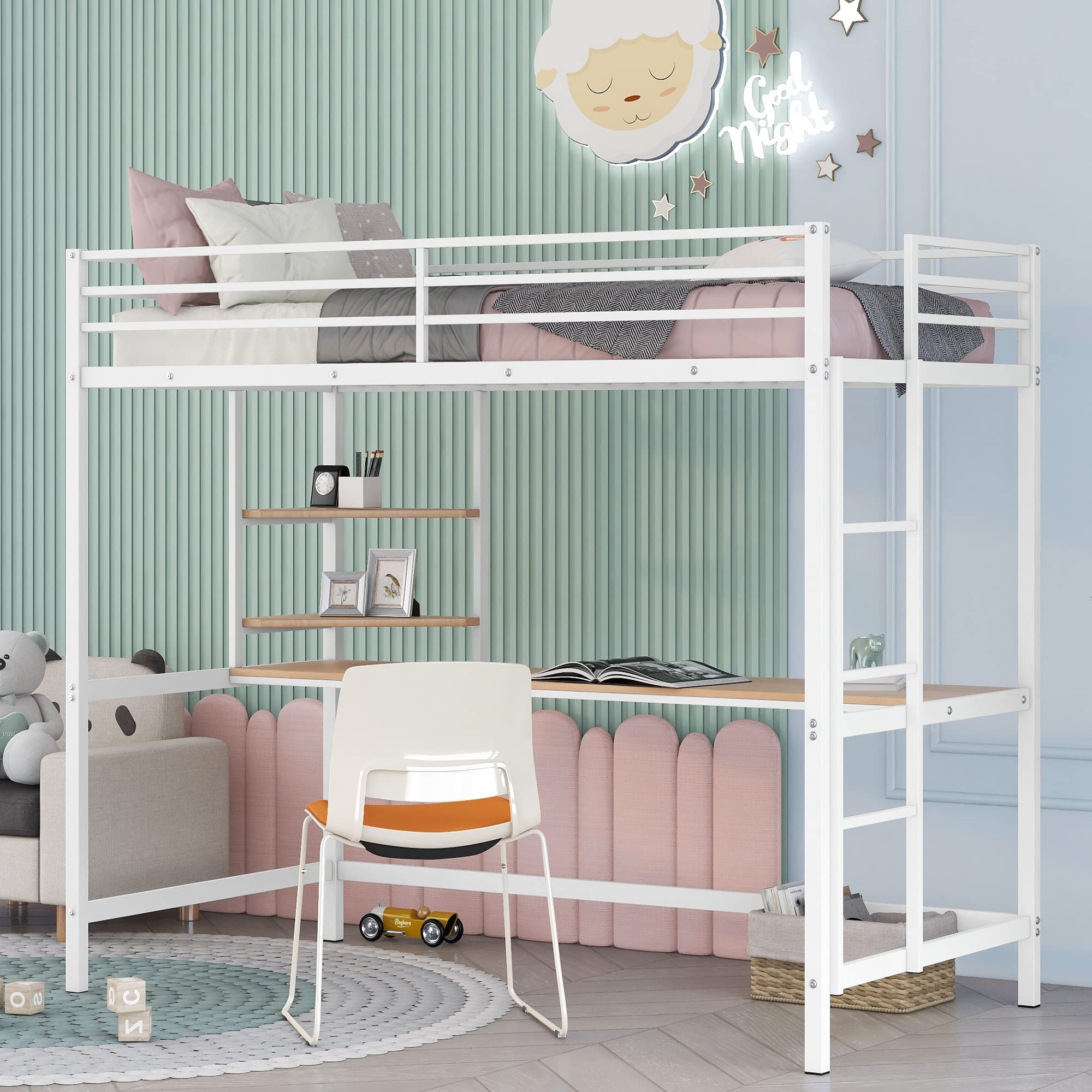 Twin Size Loft Bed with Desk & Storage - Heavy Duty Metal Frame for Kids - Safety Guardrail & Space Saving Design - Perfect for Small Bedrooms, Dorms & Studio Apartments (White)