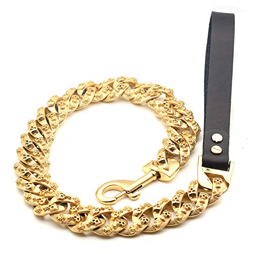 32MM Heavy Duty Dog Leash with Soft Padded Leather Handle & 18K Gold Plated 361L Stainless Steel Chain - Strong Traction Leash for Medium to Large Dogs - Perfect for Walking, Training & Outdoor Adventures