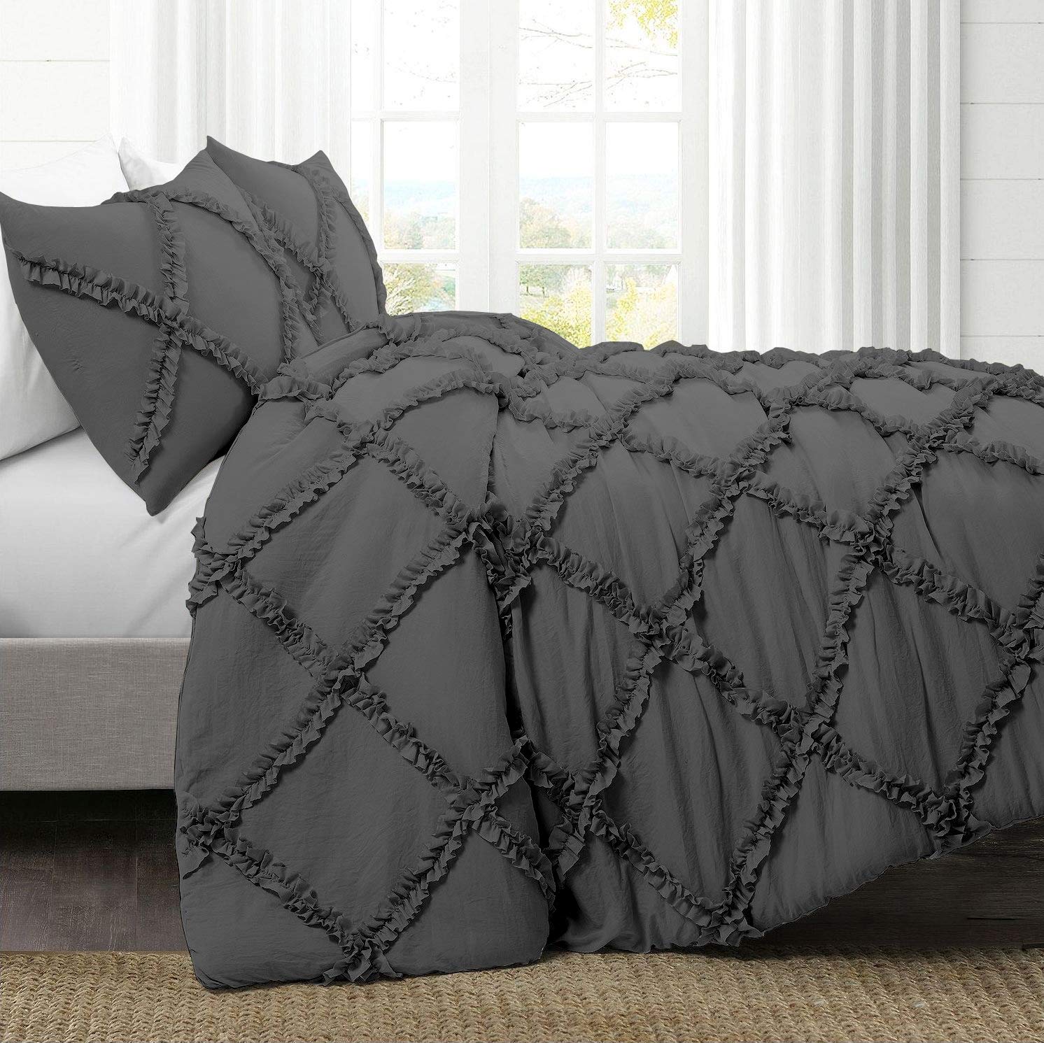 Premium Oversized King Duvet Cover 128x120 Inches - 100% Natural Cotton Soft Diamond Ruffle Bedding Set with Zipper Closure & Corner Ties | Luxury Dark Grey Comforter Cover for Master Bedroom & Guest Room
