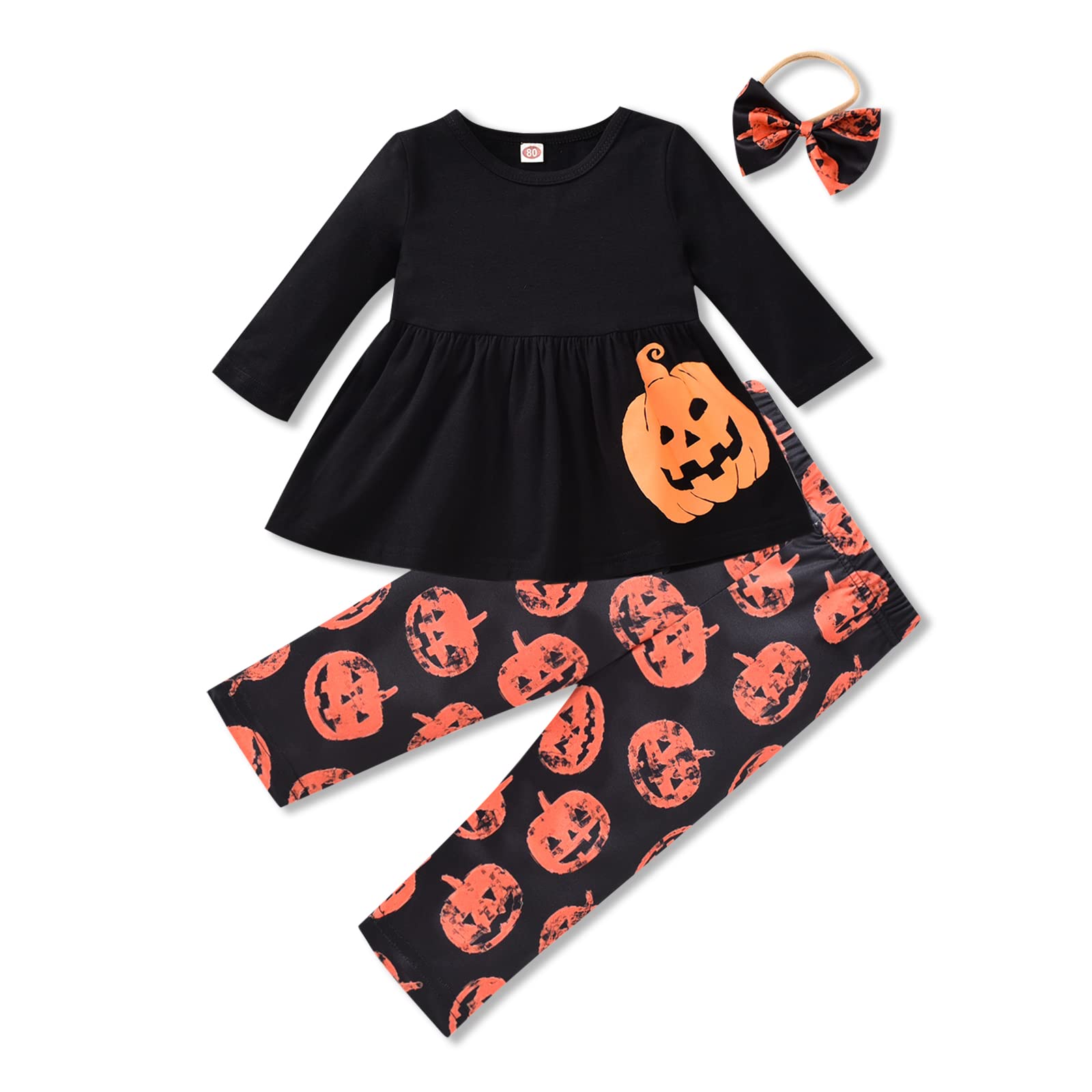 DOOLECK Toddler Halloween Outfit - Pumpkin Ghost Skeleton Print Shirt & Bell Bottom Pants Set with Headband | Cute Baby Girl Costume for Halloween Parties, Trick or Treat & Photo Shoots