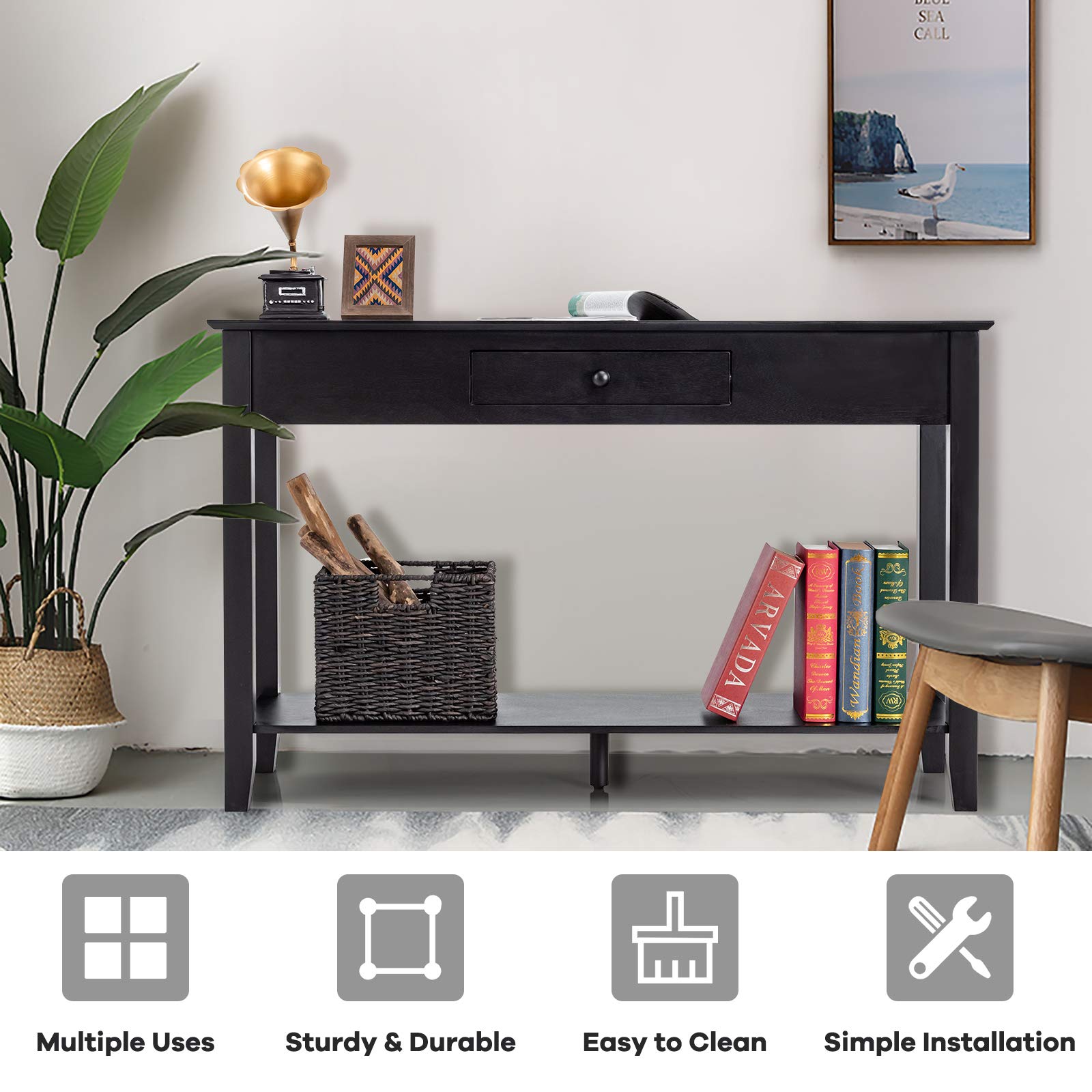 Giantex 2-Tier Wooden Console Table with Drawer & Storage Shelf - Entryway Sofa Table for Hallway, Living Room, Bedroom - Multifunctional Display Platform (Black) | Perfect for Small Space Organization & Home Decor