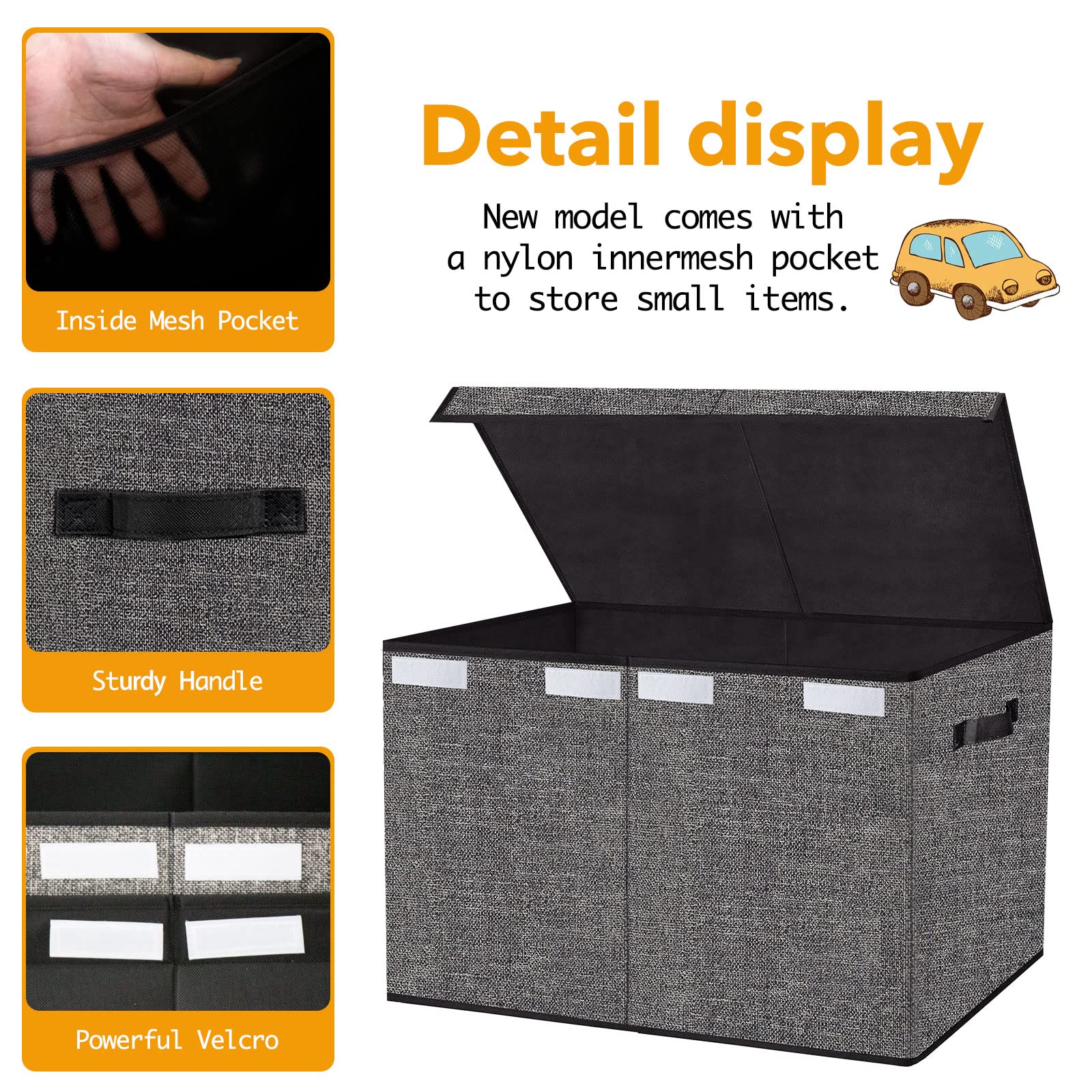 Large Collapsible Toy Storage Box Organizer with Lids & Handles - 24.5x13x16 Inch Kids Toys Container Bin for Living Room, Playroom, Closet - Perfect for Organizing Stuffed Animals, Legos & Playroom Toys (Black)
