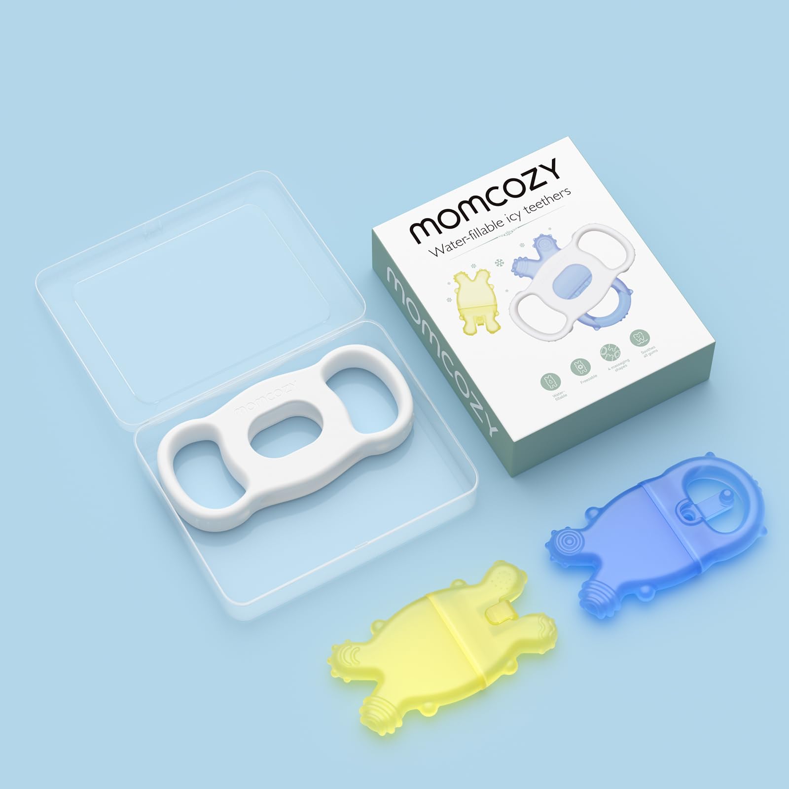 Momcozy Baby Teether Toys for 0-12 Months - Water Fillable Silicone Cold Teether for Teething Relief - BPA-Free Infant Chew Toys (Blue & Yellow, 2-Pack) - Perfect for Soothing Sore Gums at Home or On-the-Go