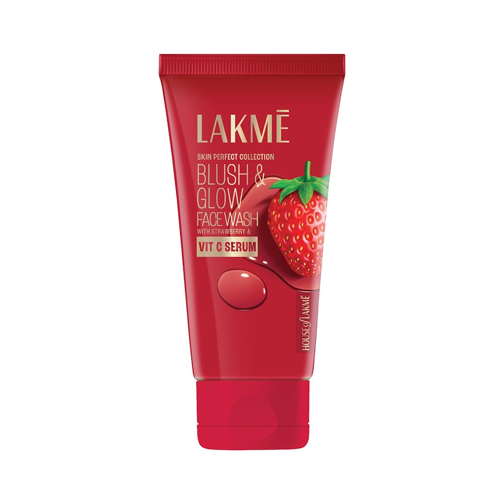 Lakme Blush & Glow Exfoliating Face Wash with Vitamin C Serum - Hydrating & Gentle Facial Cleanser with Strawberry Fruit Extracts, 150g - Perfect for Daily Skincare & Brightening Dull Skin