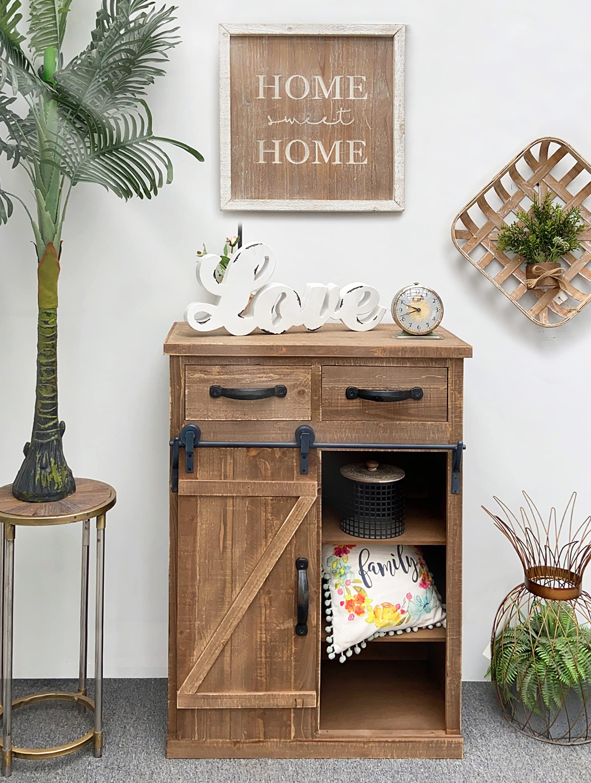 Wooden Storage Cabinet with 2 Drawers & Barn Door - Kitchen Buffet Sideboard for Living Room, Dining Room, Bathroom - Rustic Brown Accent Furniture for Home Organization & Farmhouse Decor