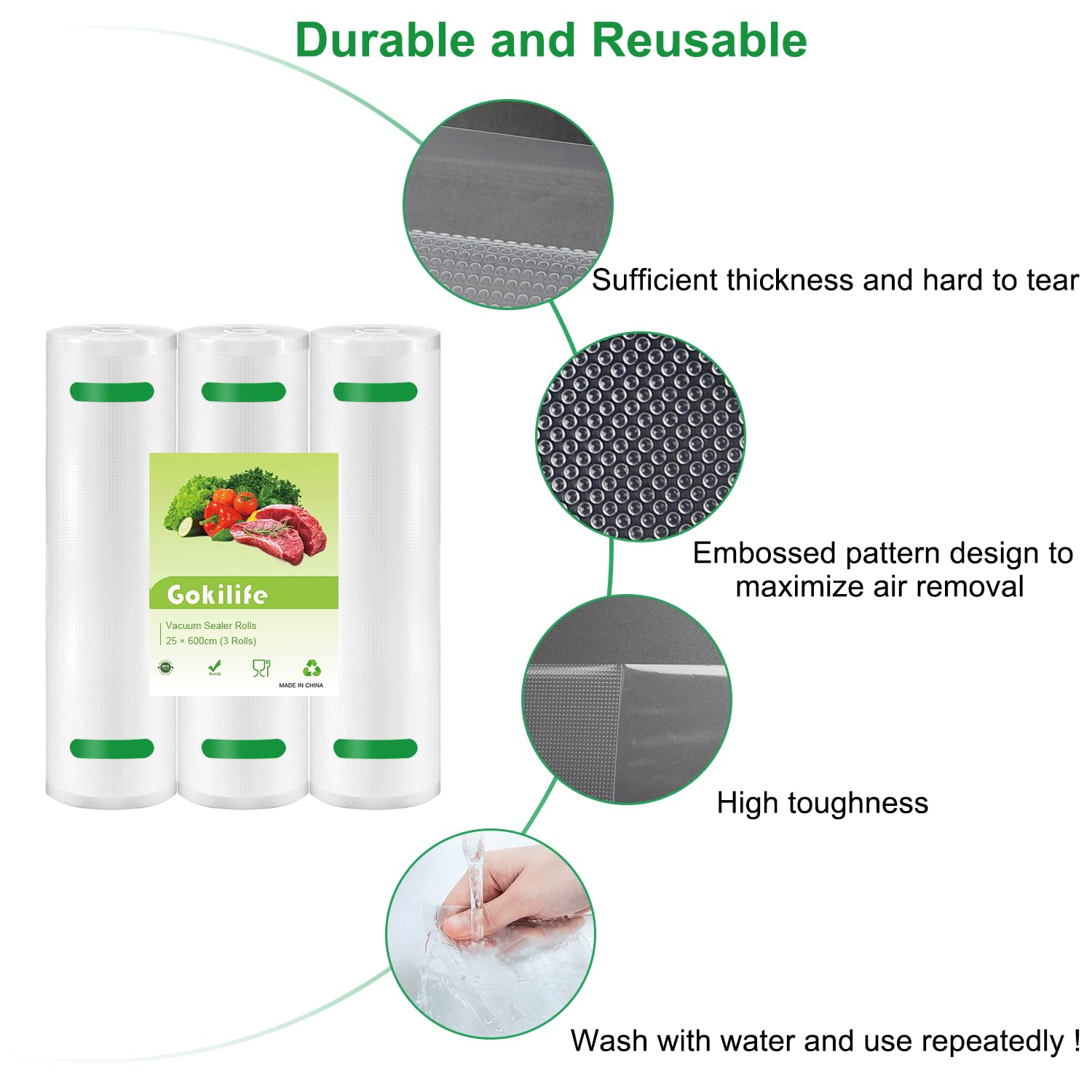 Gokilife Vacuum Sealer Bags Rolls - 3 Rolls 25 x 600 cm BPA Free Sous Vide Bags for Food Storage, Meal Prep & Sous Vide Cooking | Heavy Duty Commercial Grade, Customizable Size | Perfect for Freezing Meat, Vegetables & Leftovers
