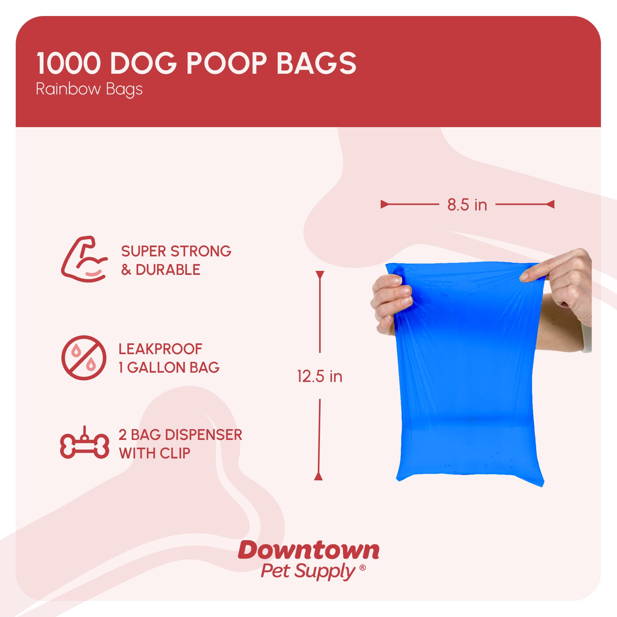 Downtown Pet Supply Dog Waste Bags - 1000 Count Rainbow Poop Bags with 2 Leash Dispensers | Leak-Proof, Unscented Dog Poop Bags for Easy Cleanup During Walks, Hikes & Park Visits