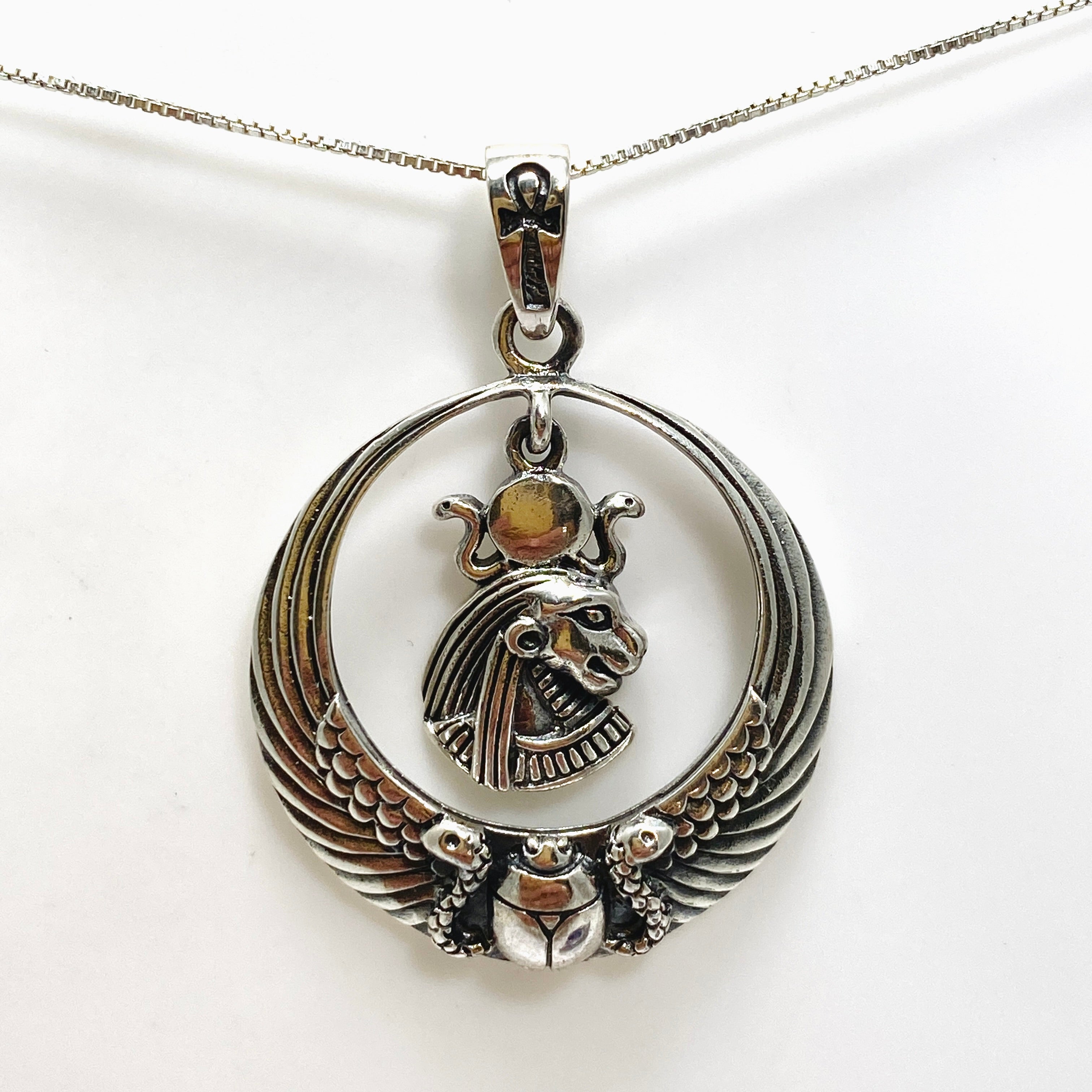 Sekhmet Lion Head Pendant with Scarab & Ankh - Ancient Egyptian Jewelry - Sterling Silver Necklace for Women - Perfect for Spiritual Protection & Boho Fashion
