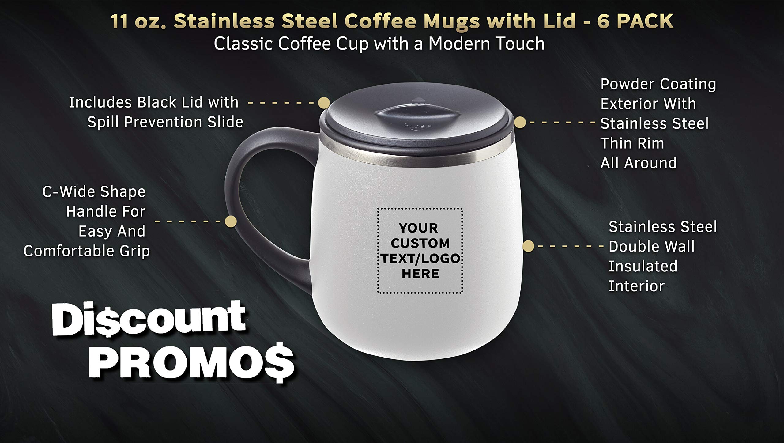 Personalized 11 oz Stainless Steel Coffee Mugs with Lid - 6 Pack Custom Text & Logo - White - Perfect for Office Gifts, Corporate Events & Travel Commuter Cups