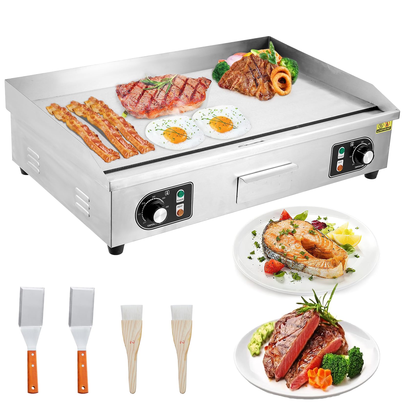 GARVEE 30 Inch Commercial Electric Grill 3000W Stainless Steel Griddle with Adjustable Temperature (122°F-572°F) - Non-Stick Surface for Home Kitchen & Restaurant Use - Perfect for Pancakes, Burgers, Steaks & Large Batch Cooking (No Plug Included)