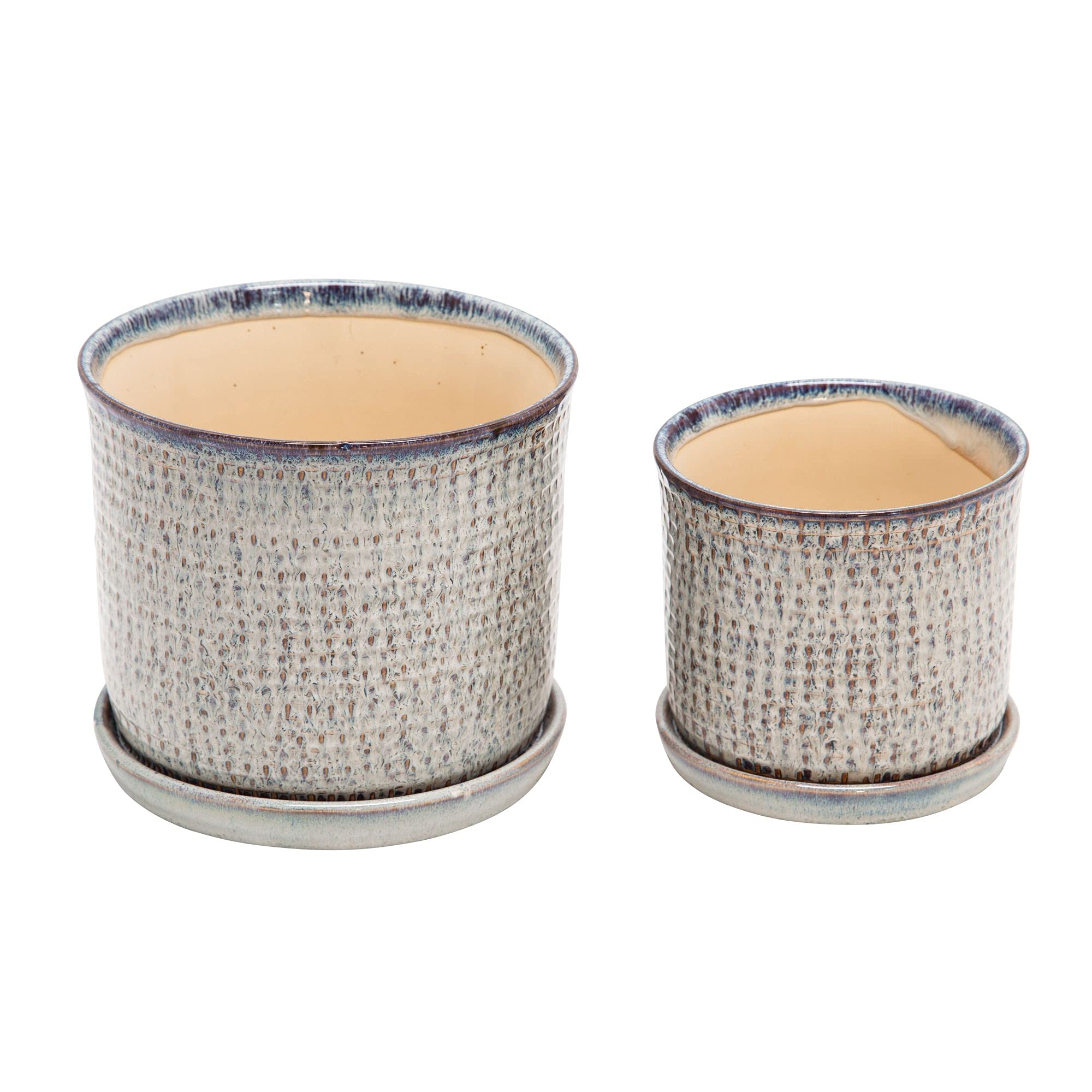 Set of 2 Beige and Blue Ceramic Outdoor Planters with Saucers 8 Inch - Modern Garden Decor for Patio, Balcony & Porch