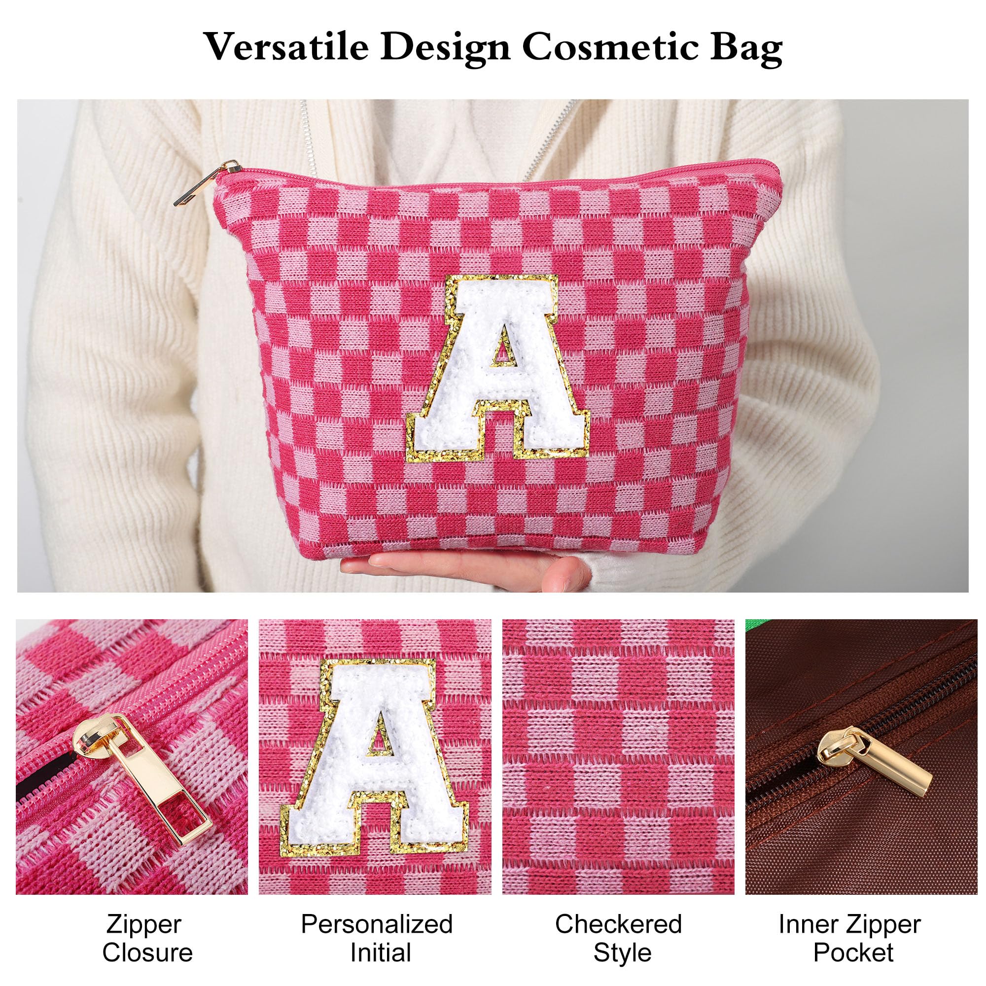 YOOLIFE Personalized Initial Makeup Bag - Travel Toiletry Cosmetic Organizer Set with Large Zipper, Small Cute Makeup Pouch for Purse & Car Essentials, Brown | Perfect for Travel, Gym & Daily Beauty Storage