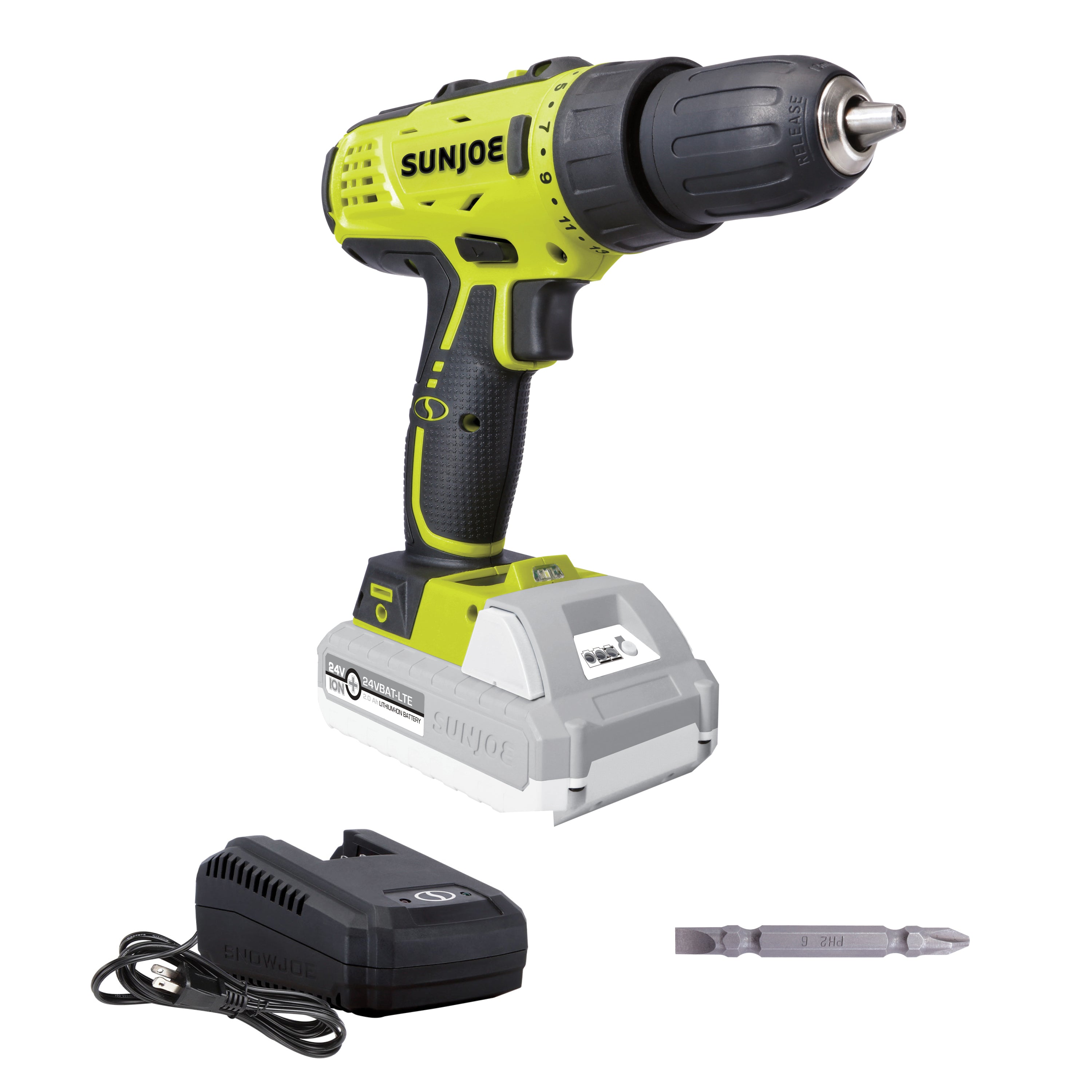 Sun Joe 24V Cordless Drill Driver Kit with 2.0Ah Battery & Charger - Powerful Lithium-Ion Electric Screwdriver for Home DIY, Woodworking, and Construction Projects