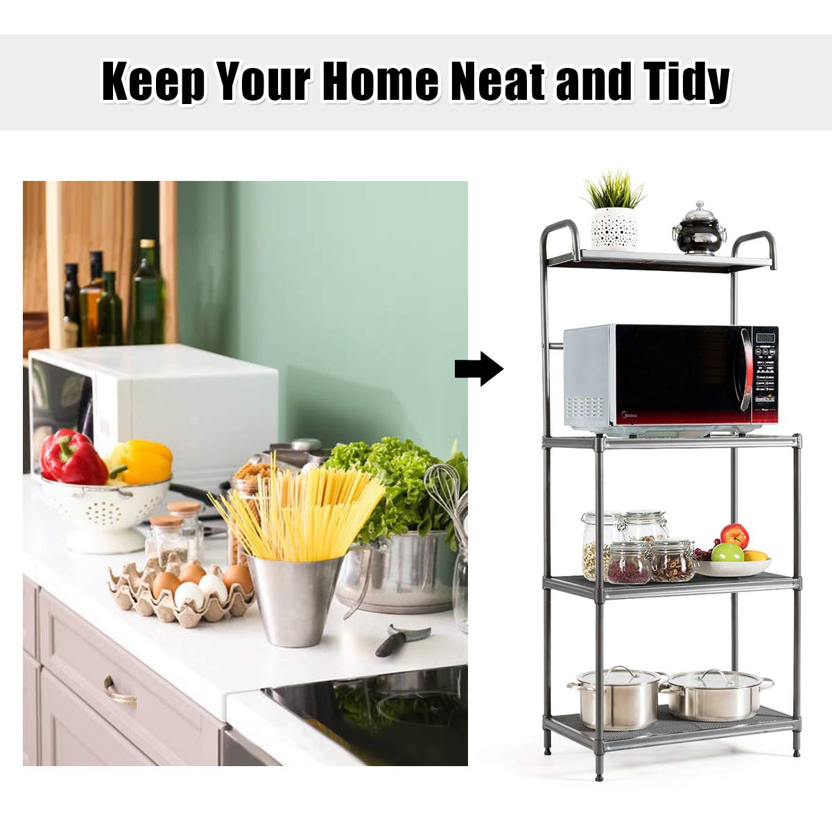 Giantex 4-Tier Heavy Duty Metal Bakers Rack - Kitchen Storage Shelf with Microwave Stand, Sturdy Wire Mesh Shelving Unit for Organizing Spices, Cookware & Small Appliances | Perfect for Home Kitchen, Pantry, Garage or Office Storage