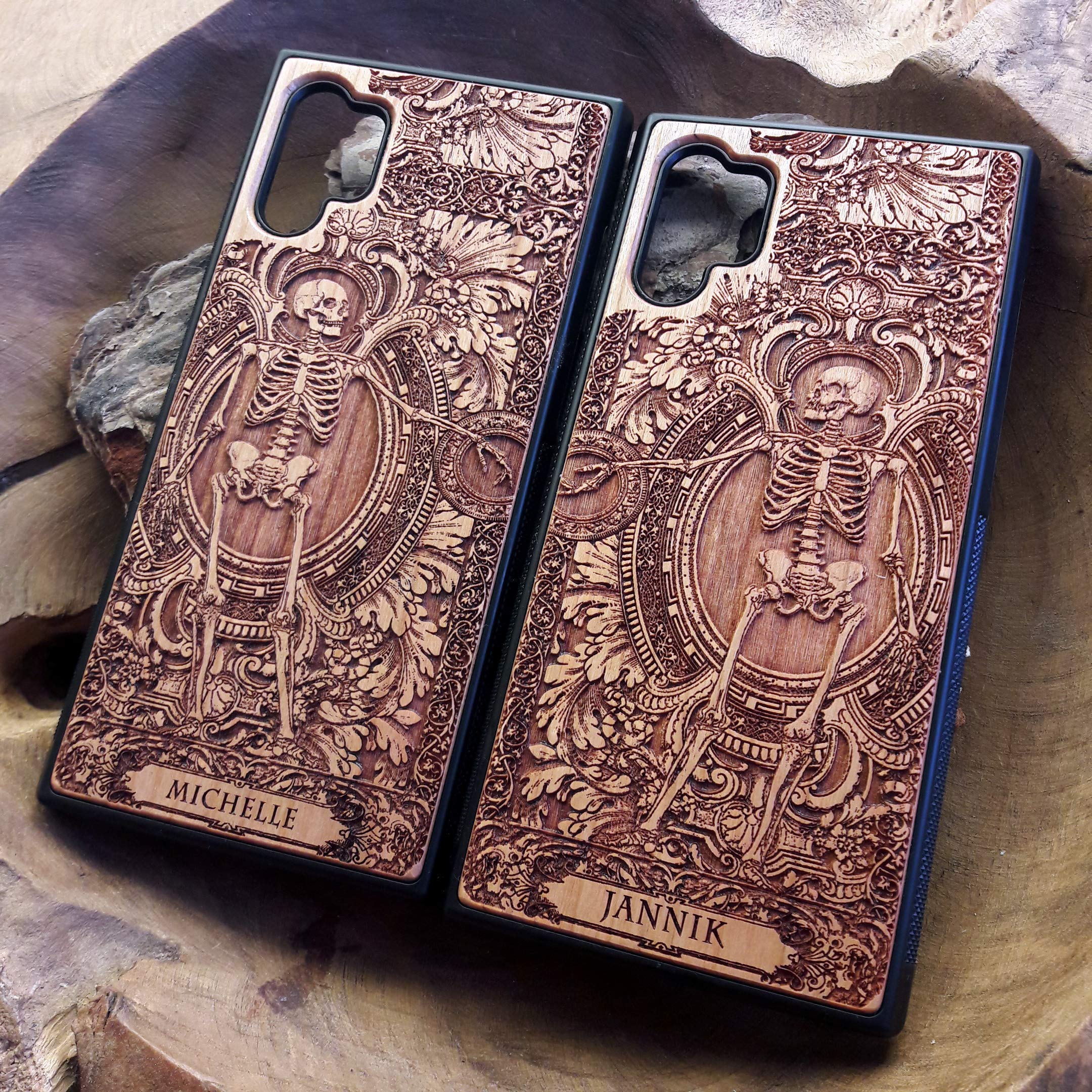 Custom Engraved Wooden Phone Case for iPhone 16/15/14/13/12/11 Pro Max Mini & Galaxy S25/S24/S23/S22/S21/S20 Ultra Plus - Personalized Skeleton Couple Design 'Till Death Do Us Part' - Eco-Friendly Slim Durable Wood Cover - Perfect for Couples, Anniversaries & Romantic Gifts