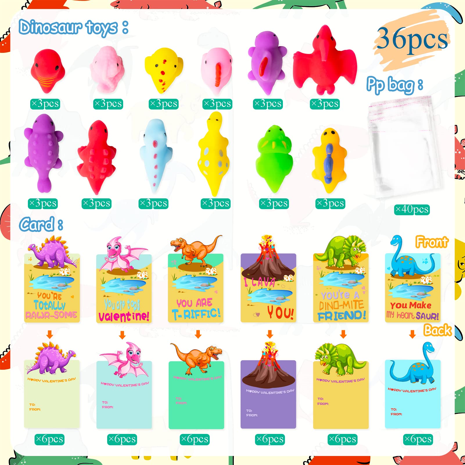 Valentine's Day Cards with Dinosaur Mochi Squishy Toys - 36pcs Classroom Exchange Gifts for Kids | School Party Favors, Valentine's Party Supplies, Classroom Activities & Friendship Gifts