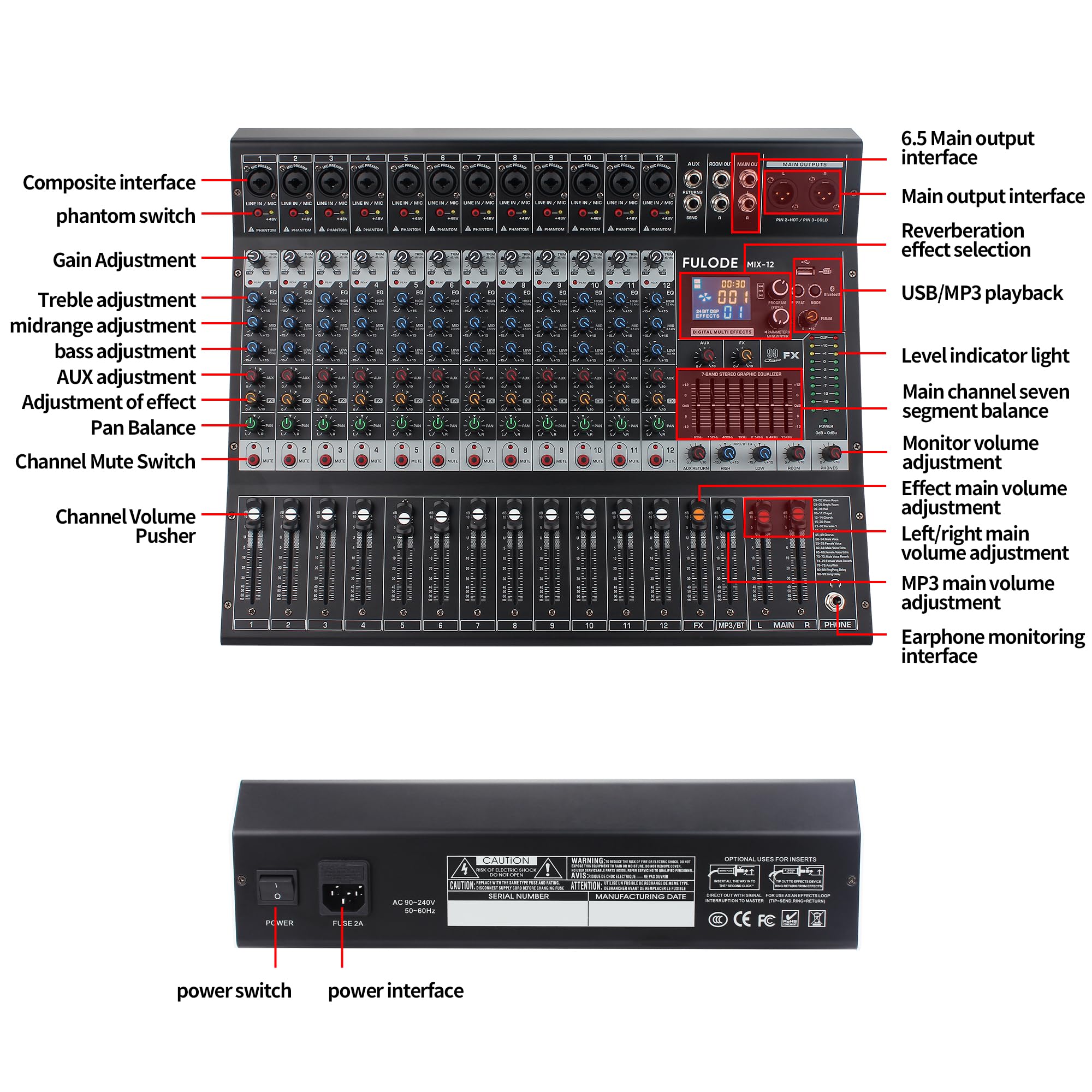 12-Channel Bluetooth Studio Audio Mixer with 99-Bit DSP Digital Processor, USB MP3 for PC Recording, RCA & XLR Microphone Inputs, 48V Phantom Power – Perfect for DJs, Podcasters, and Home Studio Recording