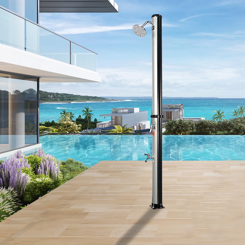 5.3/9.3 Gallon Solar Outdoor Shower with Heated Shower Head & Foot Tap - Portable Garden, Backyard, Poolside, Beach, Spa Shower for Camping, RV, and Outdoor Activities - Silver 9.3 Gallon