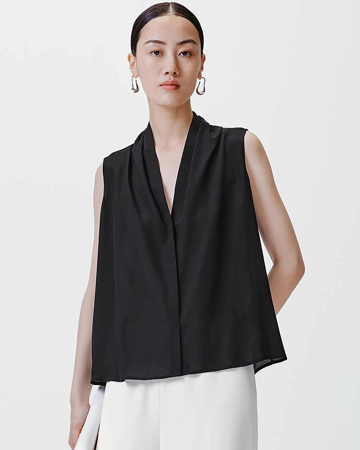 Elegant V-Neck Pleated Silk Tank Top for Women - Breathable & Luxurious Summer Blouse for Casual Wear, Office, and Evening Outings
