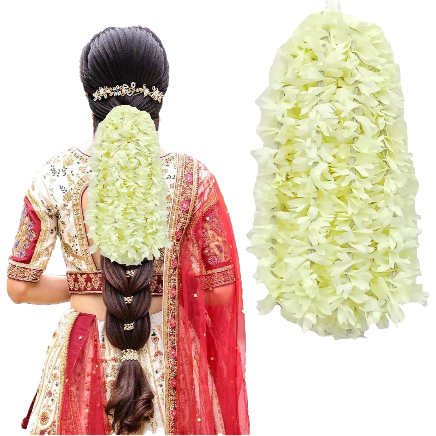 4pcs Premium Artificial Jasmine Gajra Hair Bun Accessories for Women - Scented Fake Mogra Hair Band - Voluminous Floral Hair Jewelry for Weddings, Parties & Special Occasions (DN01)