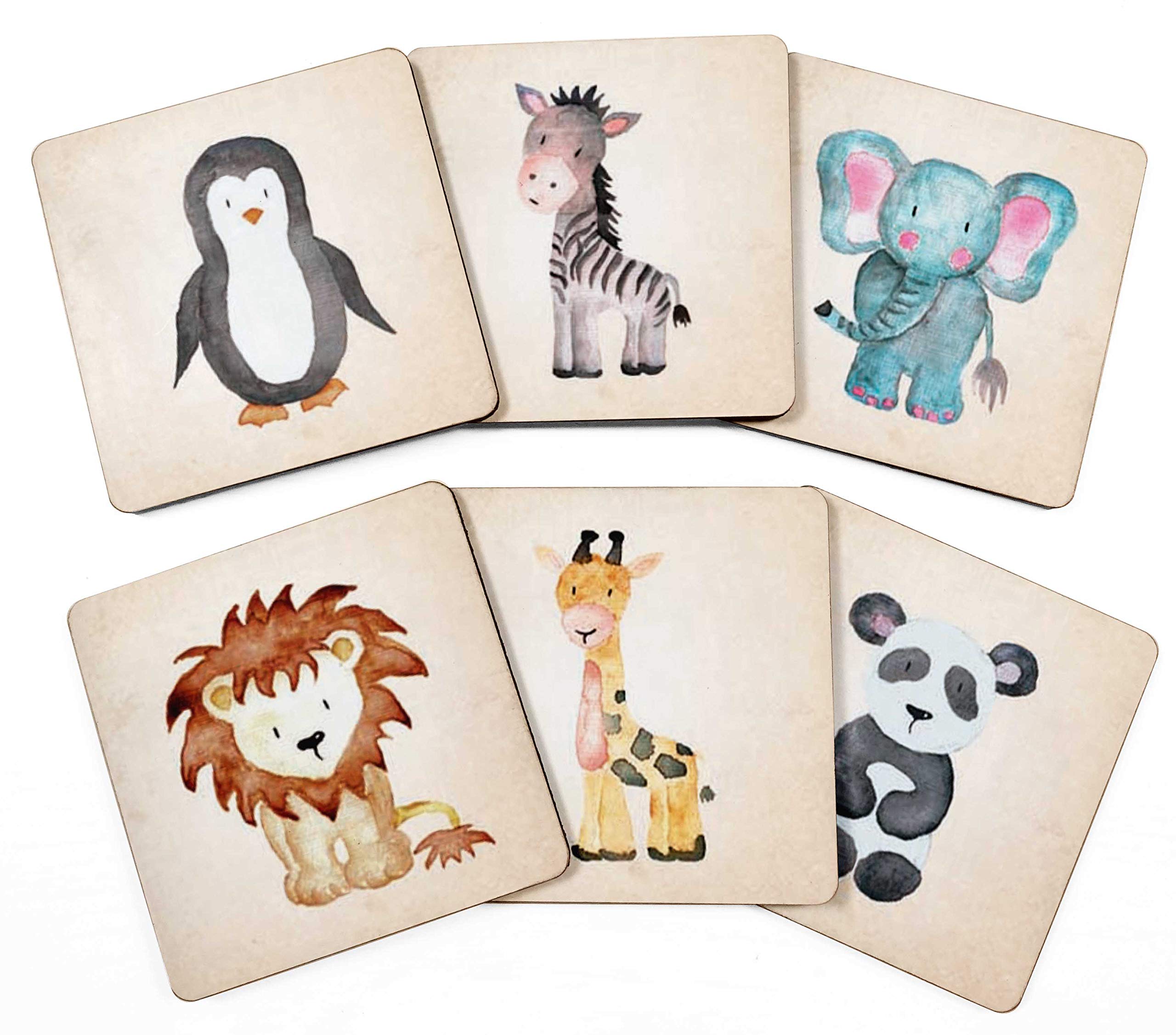 Set of 6 Watercolor Animal Drink Coasters - 4 Inch Square Cork Base - Reusable & Easy Clean - Perfect for Home, Office, and Party Use