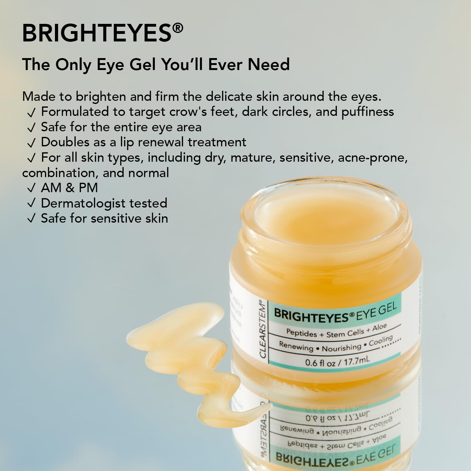 CLEARSTEM BRIGHTEYES Nourishing Eye Gel for Puffy Eyes, Dark Circles & Wrinkles – Anti-Aging Collagen, Stem Cells & Peptides Formula – Vegan, Gluten-Free Skincare for Men & Women – 0.6 oz – Perfect for Morning & Night Routine