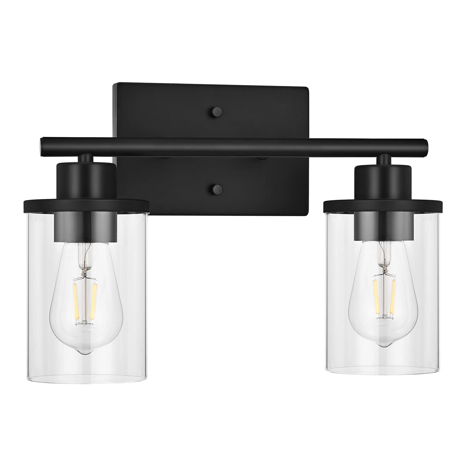 EDISHINE 2-Light Bathroom Vanity Light Fixture with Clear Glass Shades, Matte Black Vintage Wall Sconce - E26 Base (Bulbs Not Included) - Perfect for Bathroom, Bedroom, Living Room & Hallway Lighting