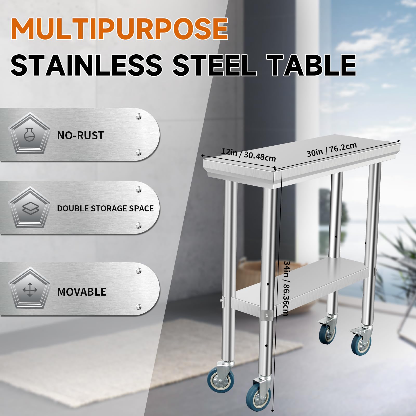 Heavy Duty Stainless Steel Work Table with Wheels - 30x12x34 Inch Commercial Food Prep Table with 4 Casters | Perfect for Restaurant Kitchen, Catering Business & Food Service Industry