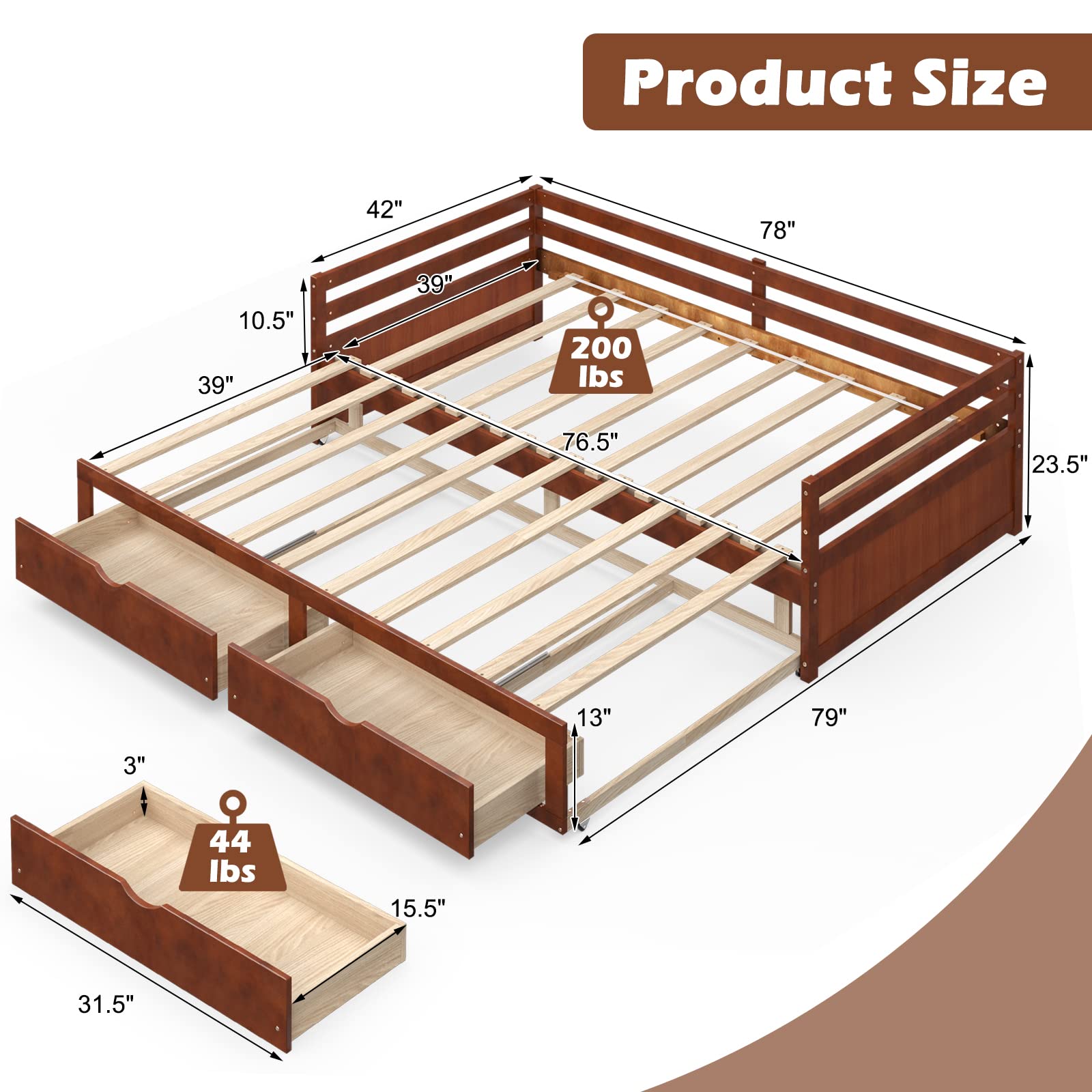 Giantex Wood Daybed with Trundle - Twin to King Size Extendable Daybed with 2 Storage Drawers, Modern Dual-Use Sofa Bed for Teens & Adults, No Box Spring Needed, Walnut Finish - Perfect for Small Bedrooms, Guest Rooms, and Living Spaces