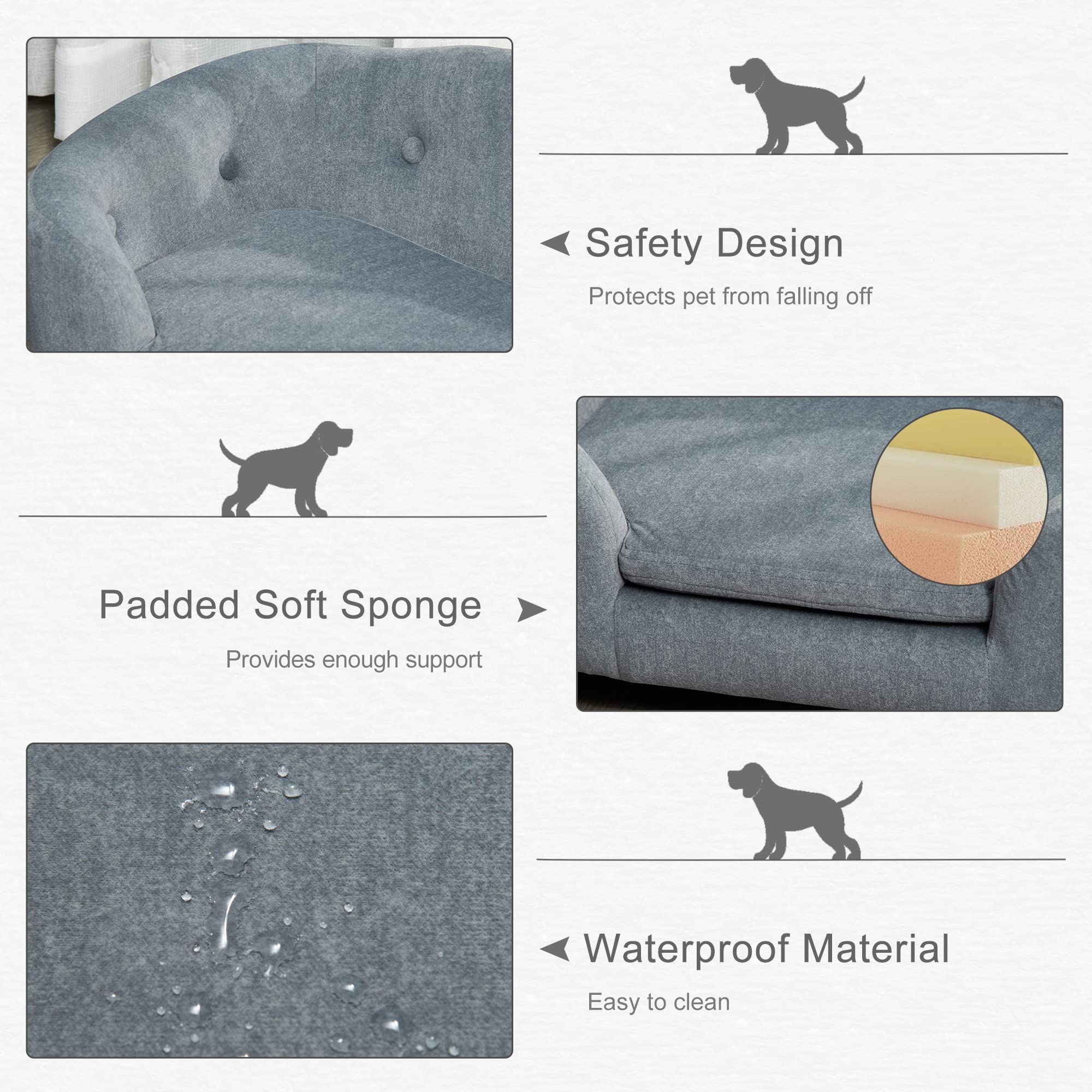 PawHut Small Dog Sofa Bed - Washable Removable Cushion & Waterproof Cover - Cozy Pet Bed for Small Dogs & Cats - Perfect for Living Room, Bedroom & Pet Nursery (Gray)