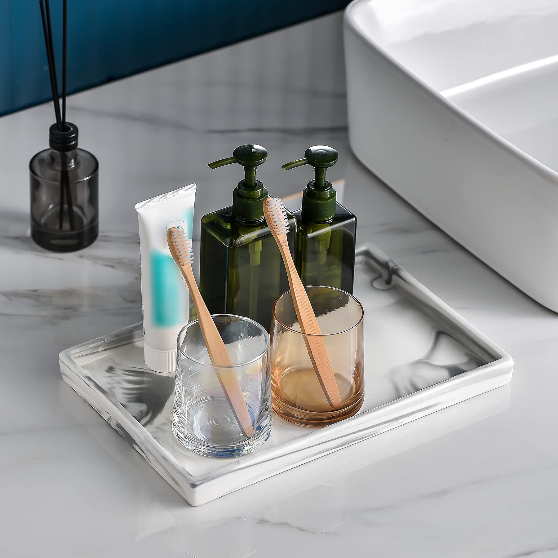 Elegant Ceramic Vanity Tray - Marble Bathroom Decor Organizer for Jewelry, Perfume, Candles & Cosmetics | Perfect for Countertop Display, Spa Day Essentials & Home Decor