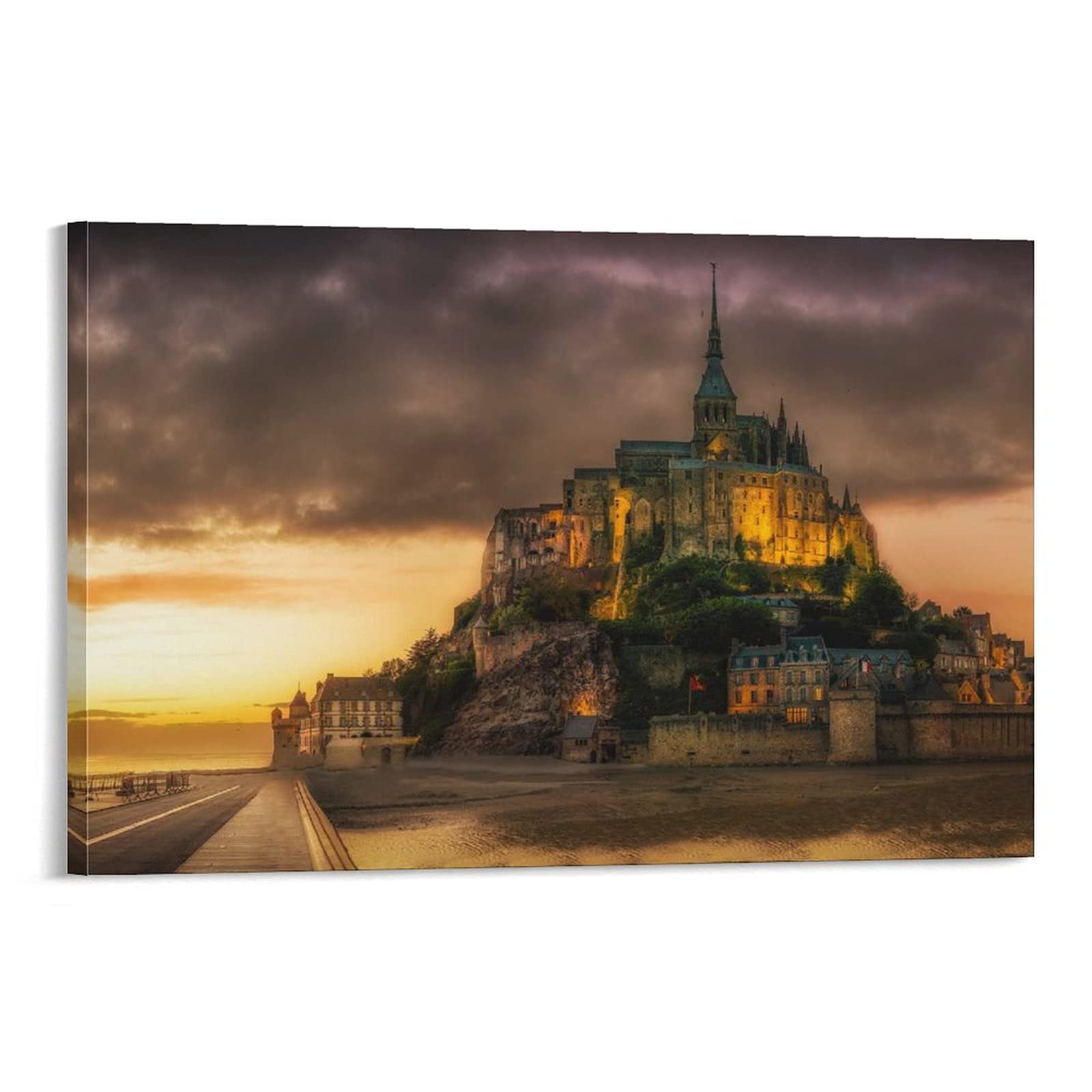 Modern Landscape Wall Art Poster - Mont Saint-Michel Sunset Church Canvas Painting for Home Decor | Bedroom, Living Room, Office Aesthetic Wall Decor