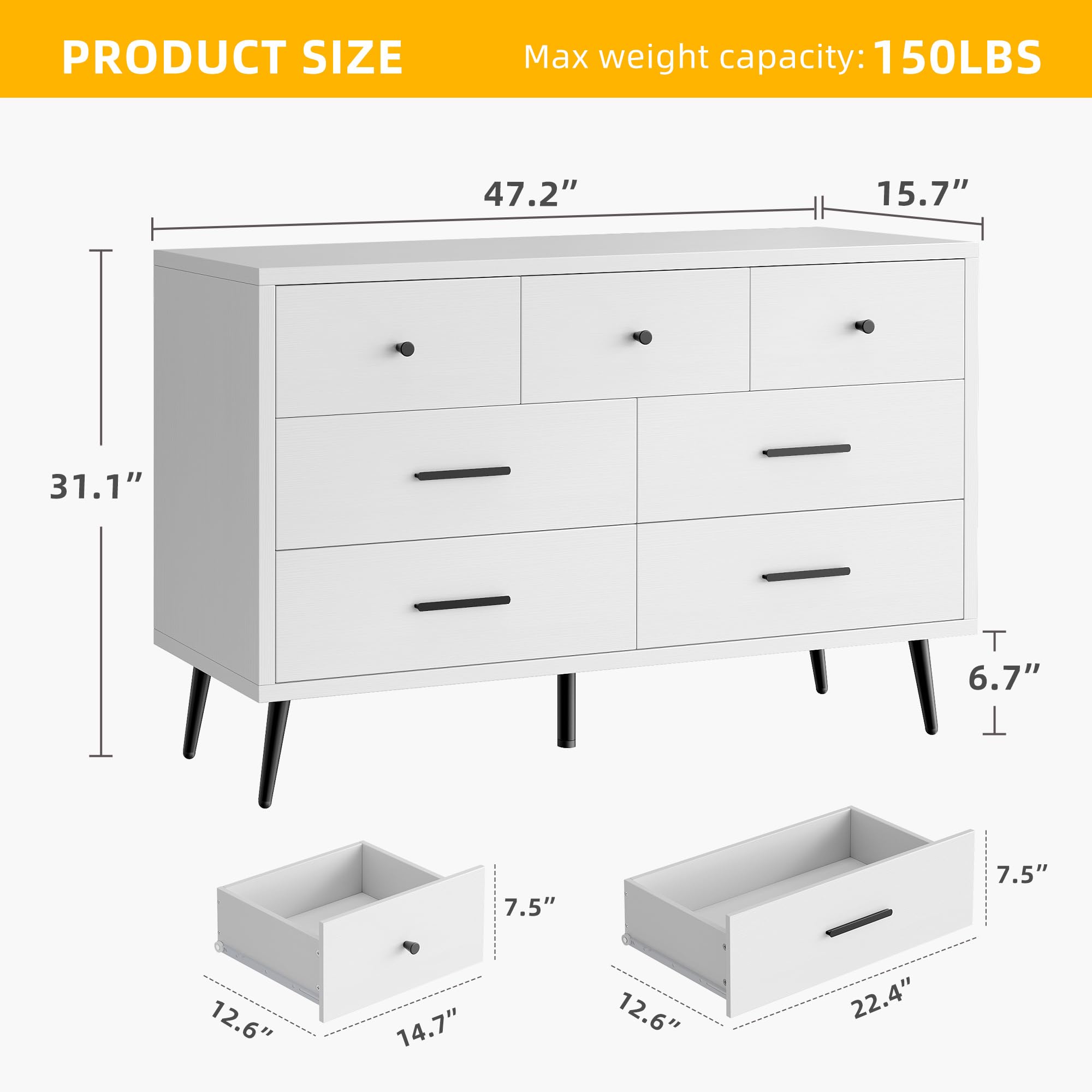 DWVO White 7-Drawer Dresser, 47-Inch Wide Modern Wood Storage Organizer with Black Metal Handles & Anti-Tip Device - Perfect for Bedroom, Hallway, Entryway, or Closet Organization