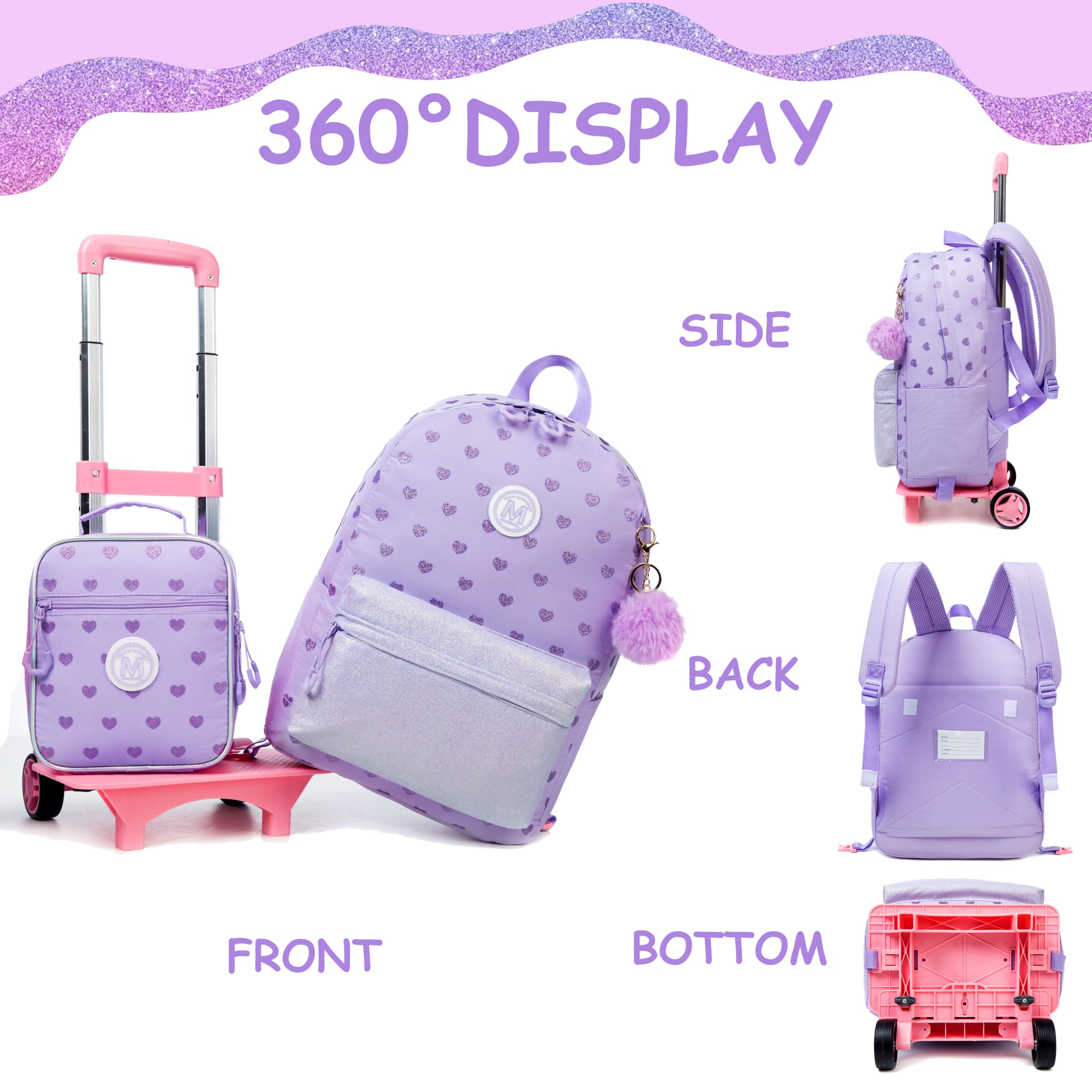 Purple Rolling Backpack for Girls - Wheeled School Backpack for Teens & Kids with Lunch Box | Perfect for School, Travel & Daily Commute
