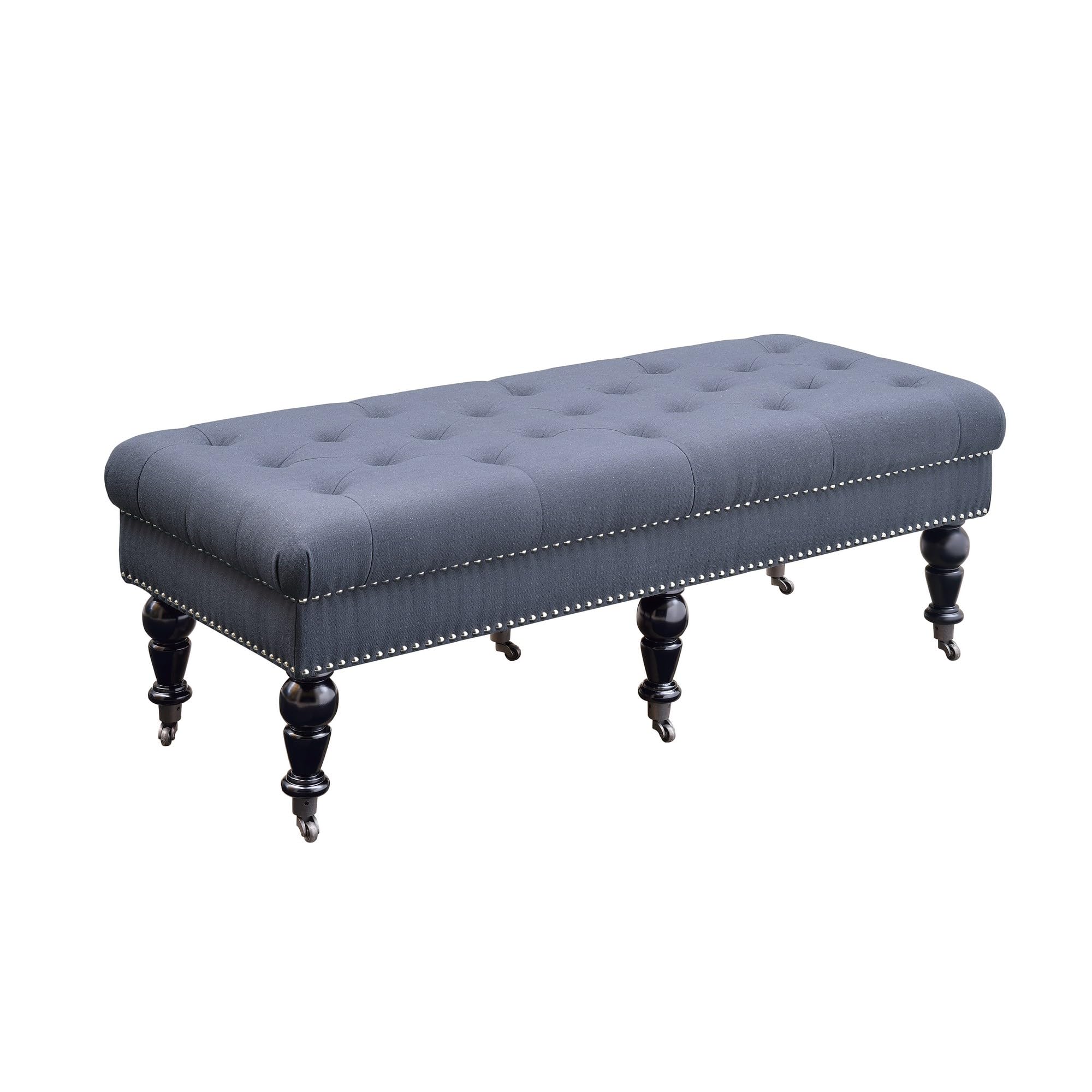 Benjara Button Tufted Upholstered Bench with Caster Wheels - Black & Blue Velvet Storage Ottoman for Bedroom, Living Room, Entryway - Perfect for Seating & Extra Storage
