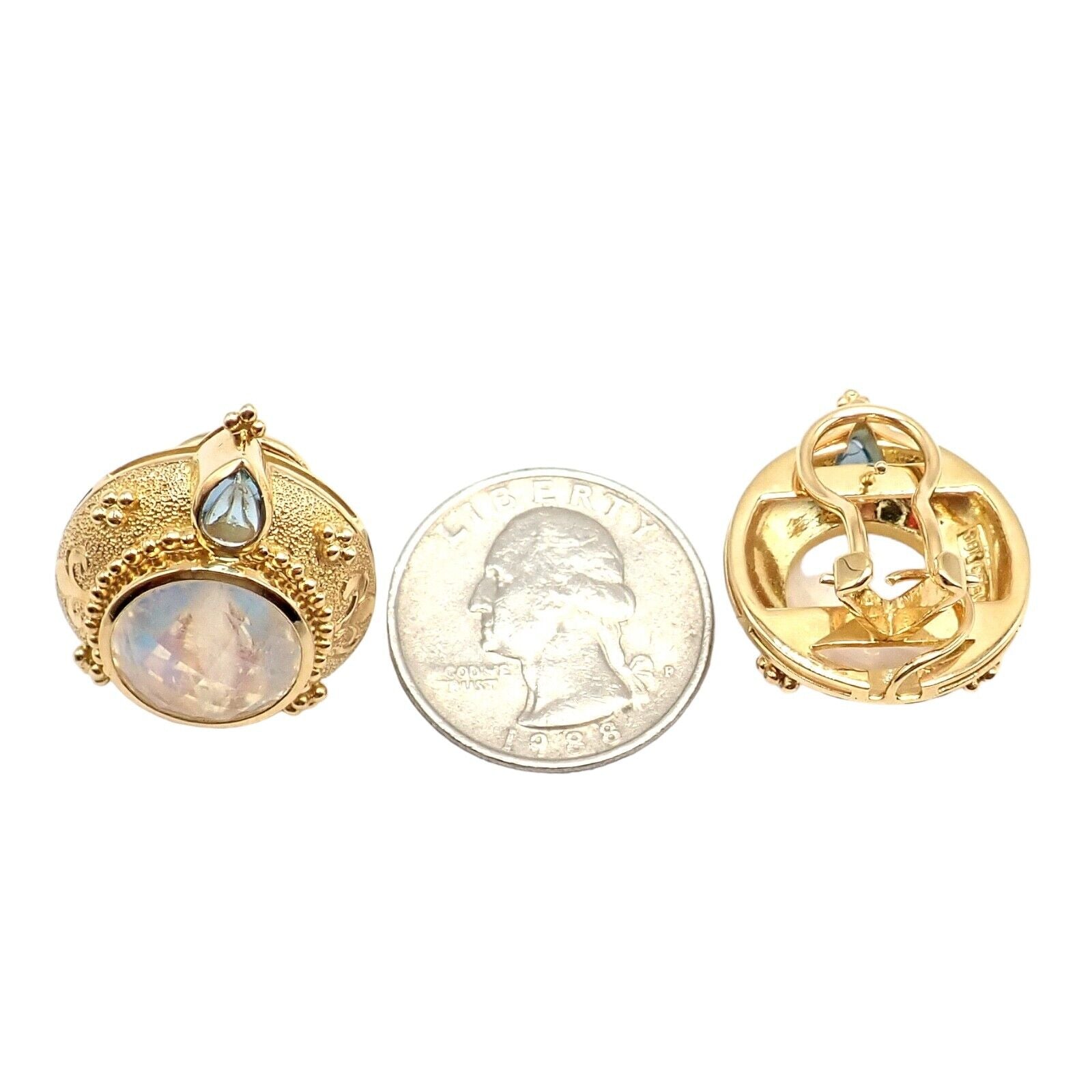 Exquisite Vintage Paula Crevoshay 18K Gold Aquamarine Moonstone Round Earrings - Unique Handcrafted Jewelry for Weddings & Special Occasions