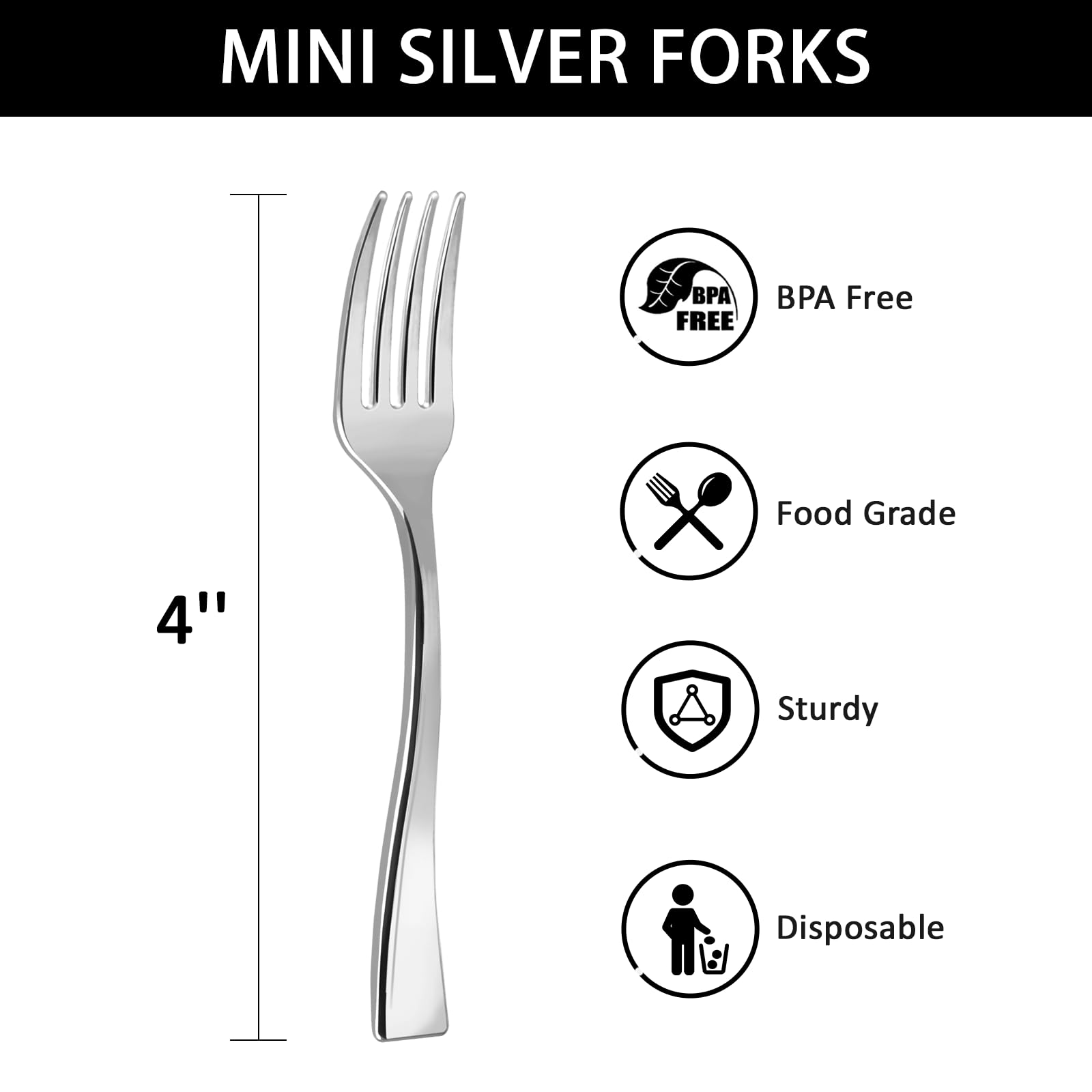Qeirudu 4 Inch Mini Plastic Silver Forks - 100 Pack Heavy Duty Disposable Appetizer Forks for Party, Desserts, Charcuterie, Cocktails & Strawberries - Perfect for Weddings, Baby Showers & Catering Events