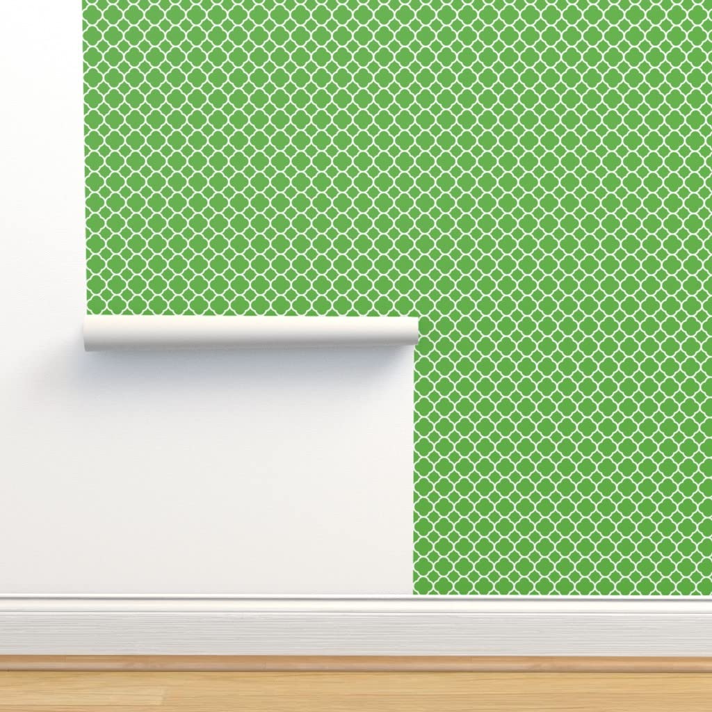 Peel & Stick Wallpaper 9ft x 2ft - Green Quatrefoil Modern Geometric Pattern, Removable Self-Adhesive Wallpaper for Bedroom, Living Room, Office & Dorm Decor
