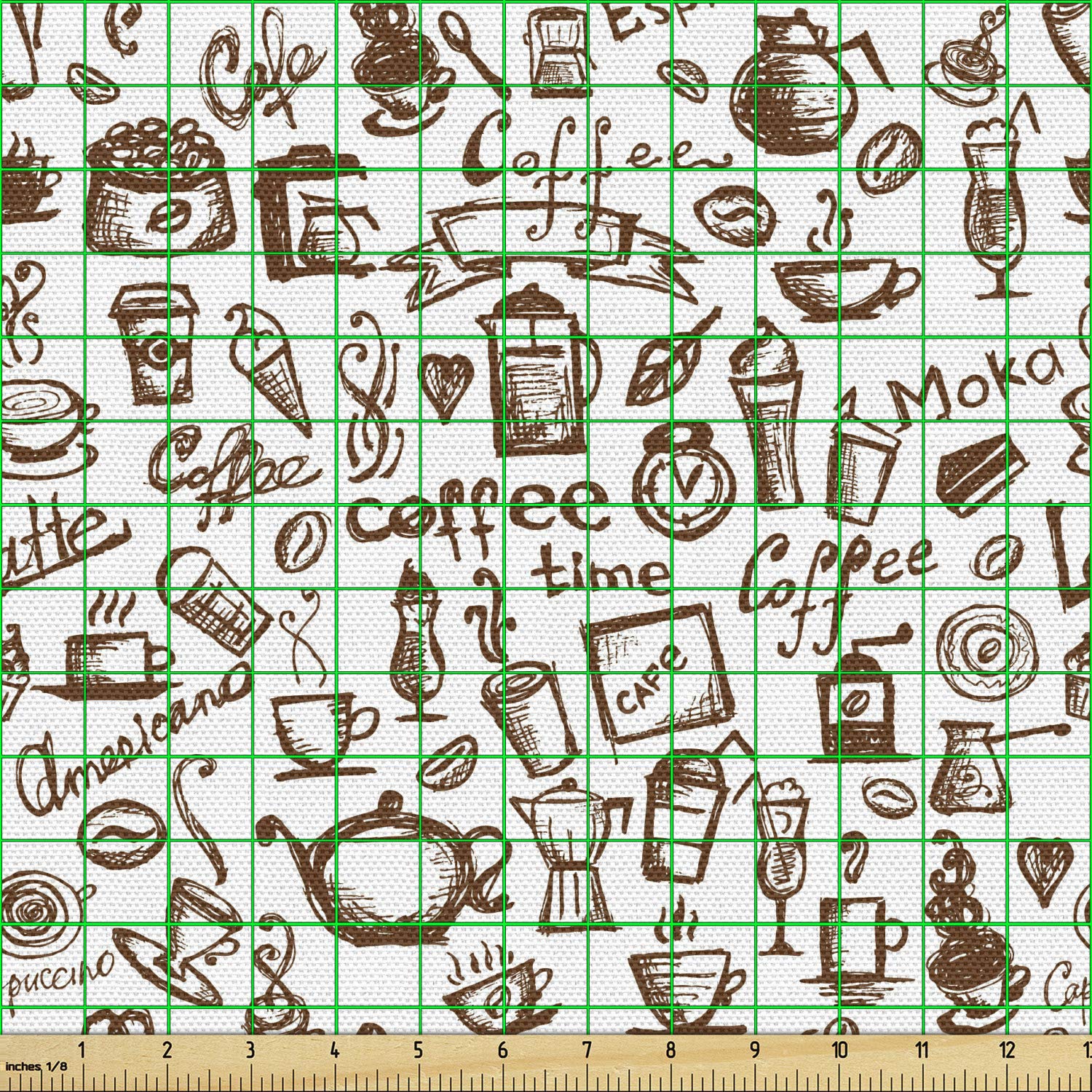 Ambesonne Coffee Fabric by The Yard - Brown & White Monochrome Print with Coffee Cups, Hearts & Banner Design - 10 Yards Upholstery Fabric for DIY Home Decor, Curtains, Tablecloths & Craft Projects - Perfect for Coffee Shops, Kitchen Decor & Gift Wrapping