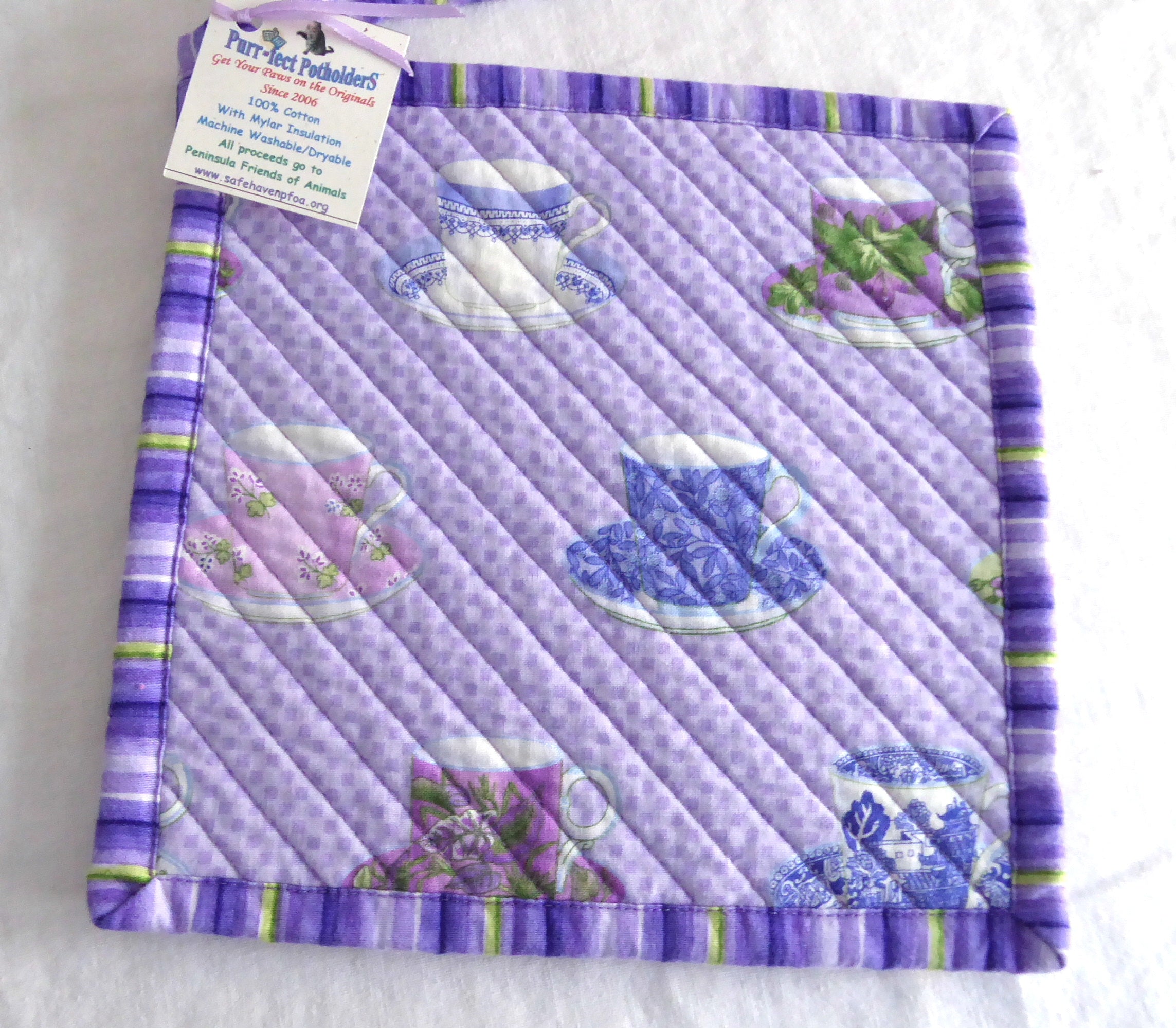 Handmade Purple and Pink Padded Potholders with Teacup Design - Pair for Kitchen & Baking - Supports Animal Charity | Perfect for Cooking, Baking, and Home Decor